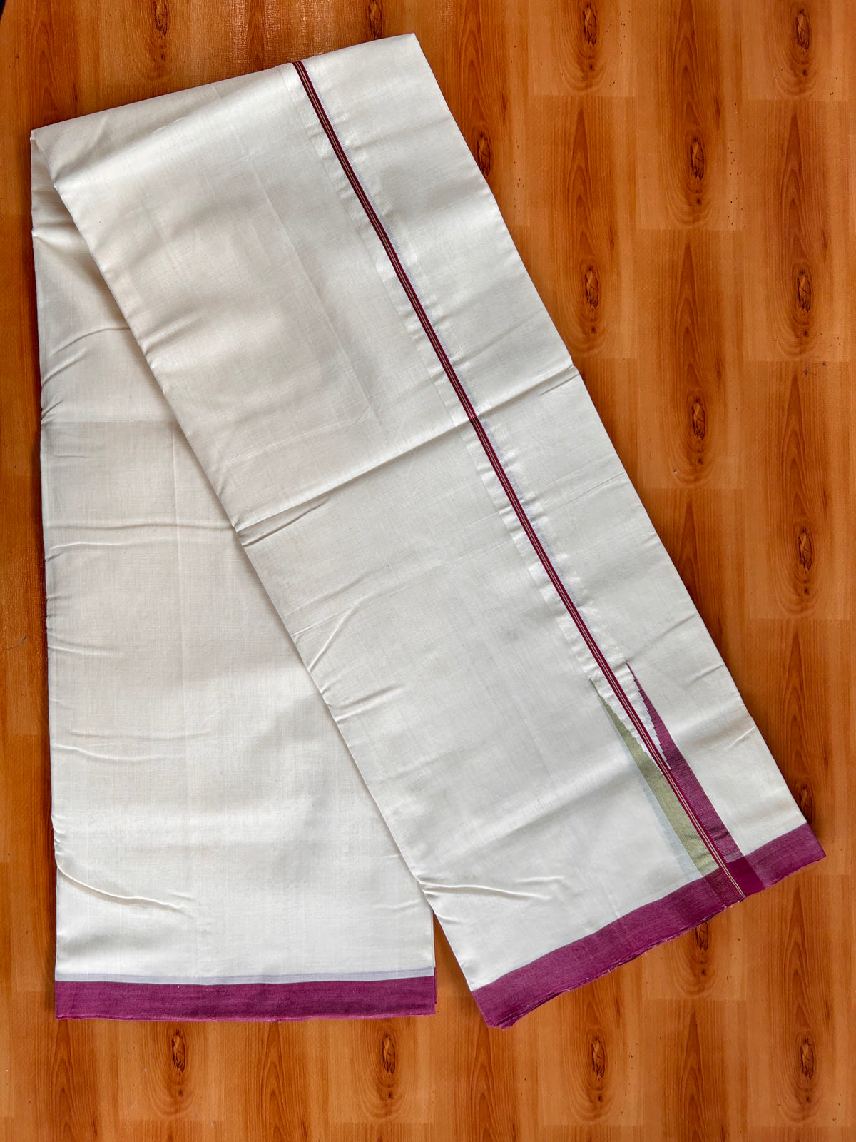 Off White (Unbleached) Double Mundu/Dhoti - 25% Discount!! Unakkupaav Kerala Handloom 100% Pure Cotton - 100X80 - 1 inch Puliyilakkara Maroon & Light Green Stripes Chutty 4 mtr (8.5 Muzham) - 12 KK5538 REA