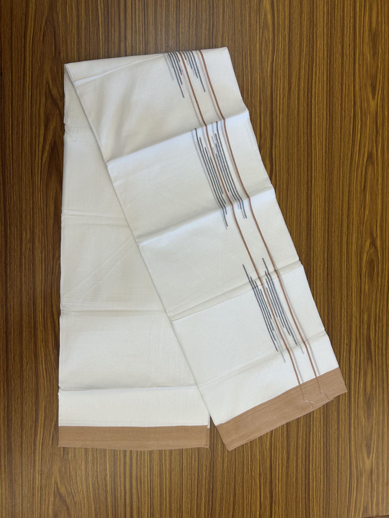 20% Discount ! Kaitharikada Balaramapuram 100% Cotton Pure White Double Mundu/Dothi - 100x80 - 1.5 inch Light Brownish Orange & Multi Colour Stripes Design Kara 3.80 mtr (8 muzham) - 26 KK5319 THI