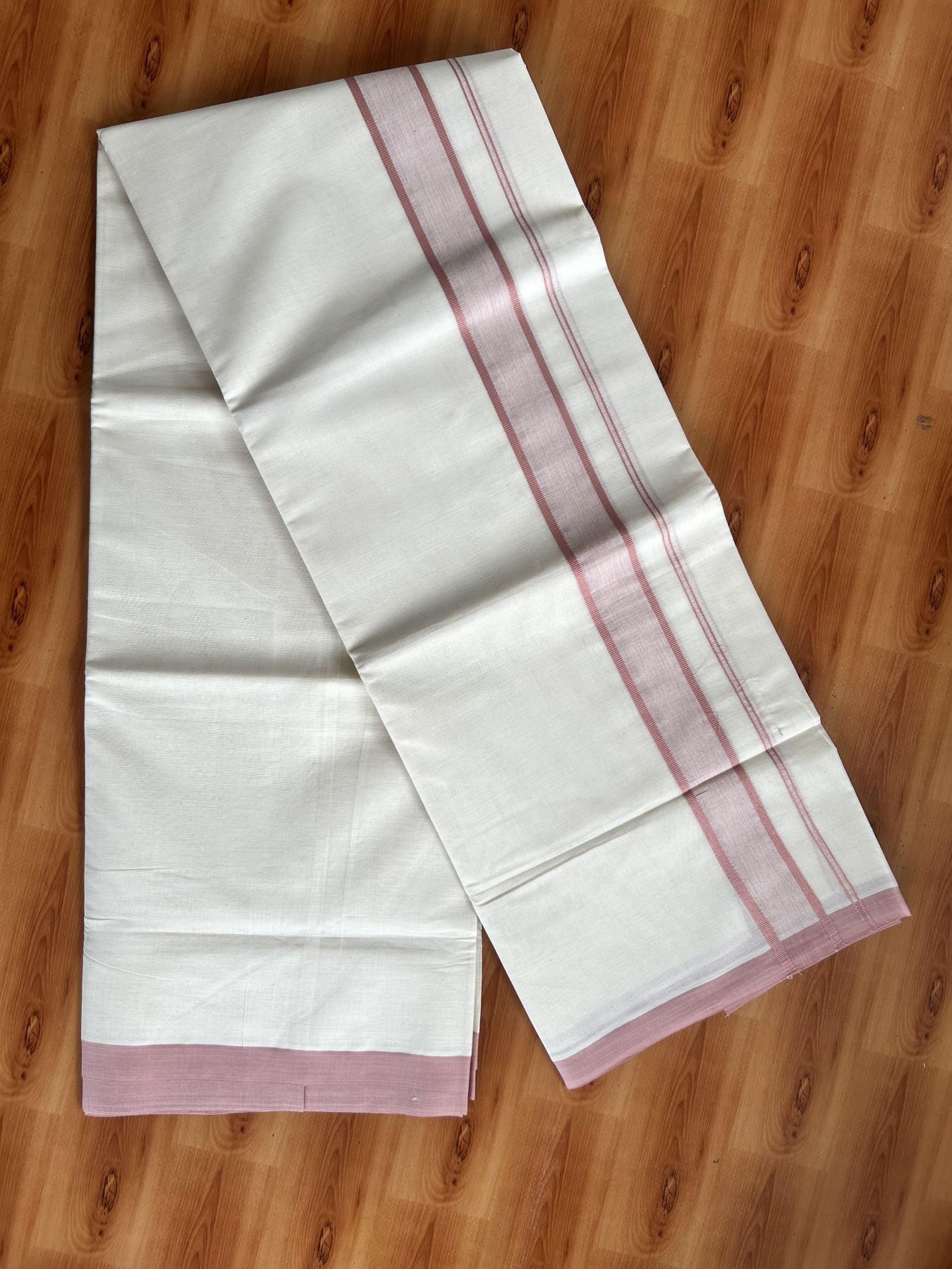 Double Off White Mundu/Dhoti- 20% Discount! KaithariKada Pure Cotton - 60s - 1.75 inch Dusty Pink Shaded Kara 4 mtr (8.5 muzham) - 93 KK5460 PMC