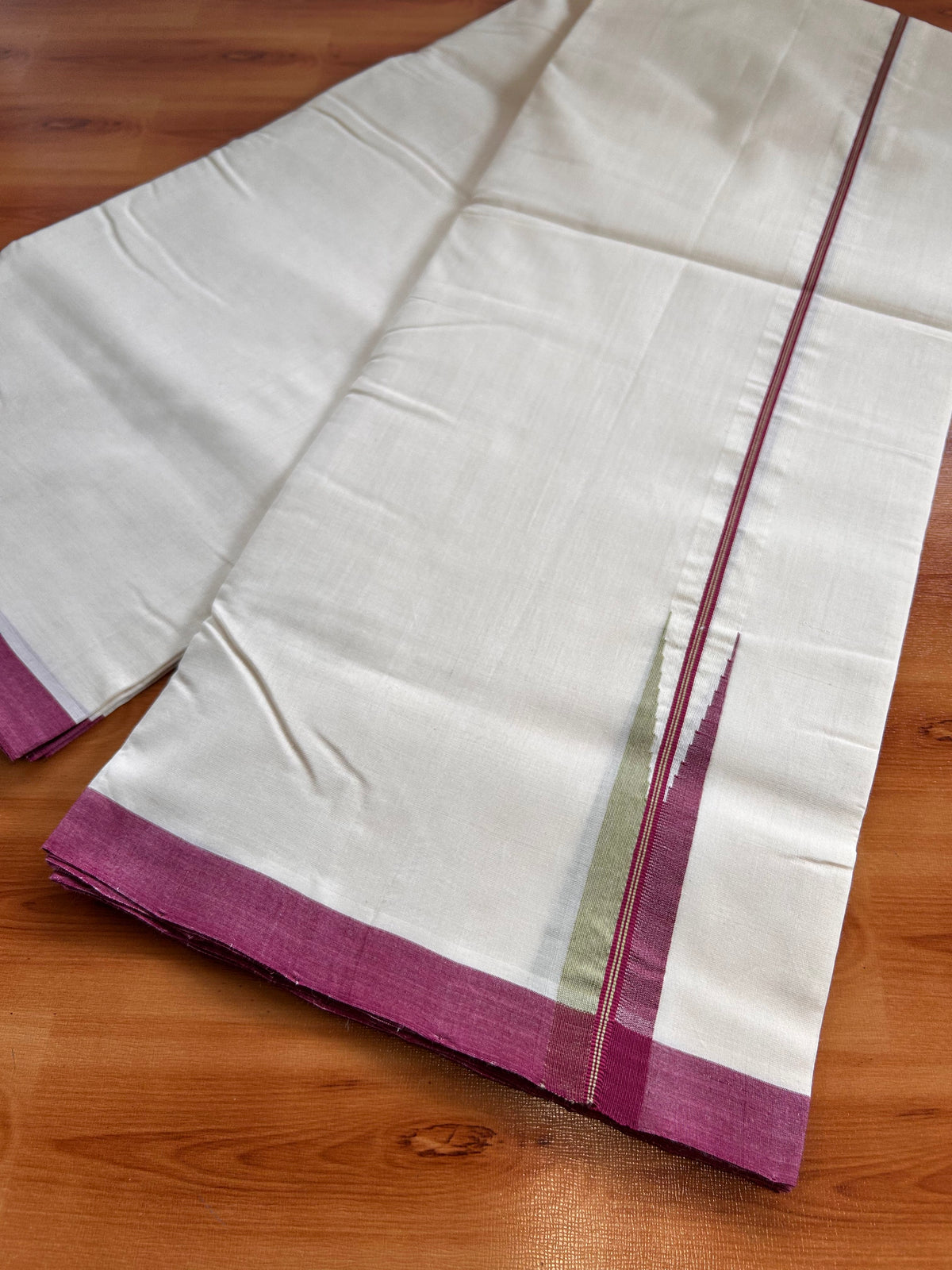 Off White (Unbleached) Double Mundu/Dhoti - 25% Discount!! Unakkupaav Kerala Handloom 100% Pure Cotton - 100X80 - 1 inch Puliyilakkara Maroon & Light Green Stripes Chutty 4 mtr (8.5 Muzham) - 12 KK5538 REA
