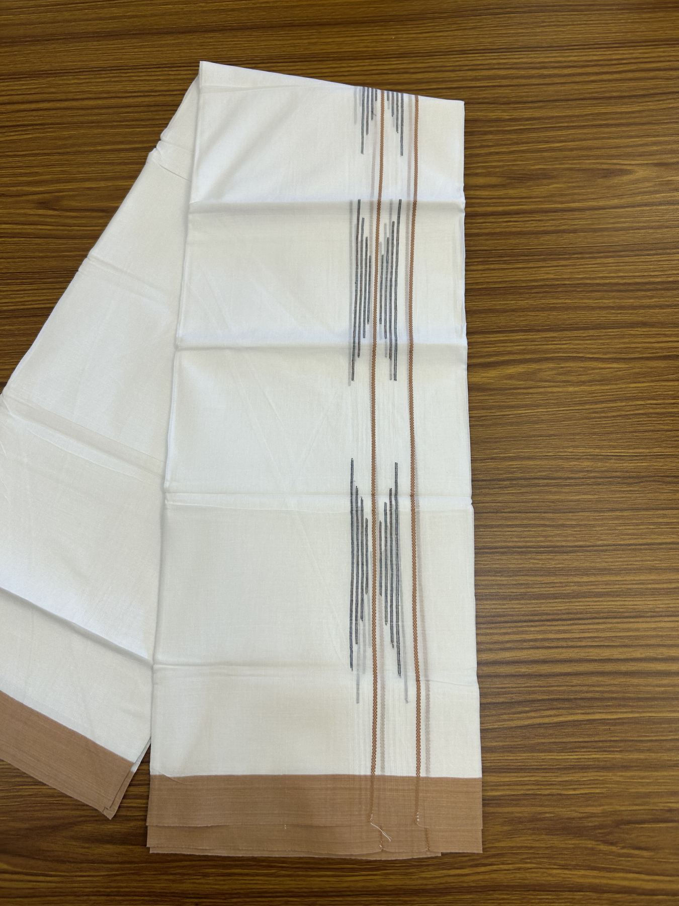 20% Discount ! Kaitharikada Balaramapuram 100% Cotton Pure White Double Mundu/Dothi - 100x80 - 1.5 inch Light Brownish Orange & Multi Colour Stripes Design Kara 3.80 mtr (8 muzham) - 26 KK5319 THI