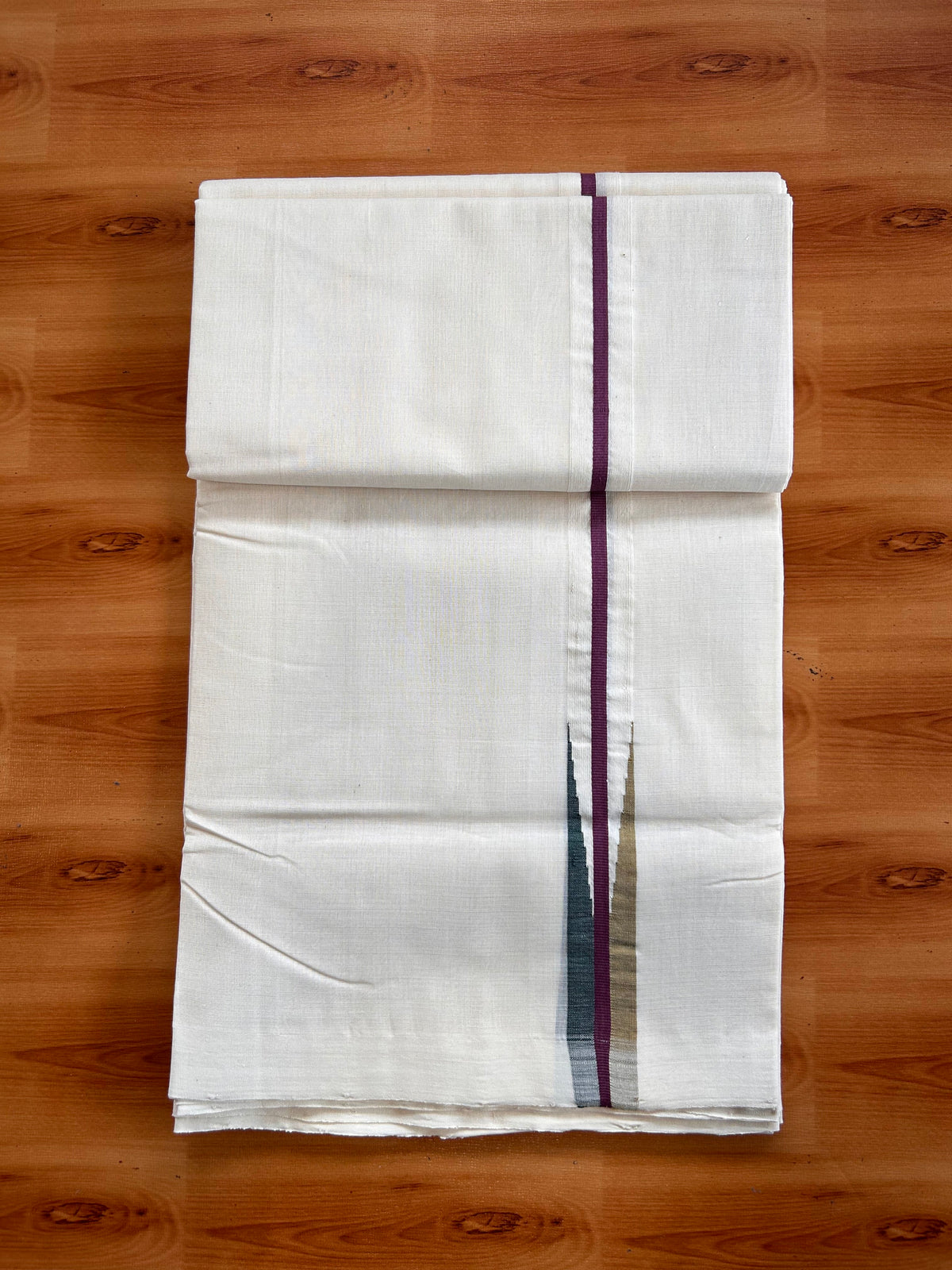 Off White (Unbleached) Double Mundu/Dhoti - 25% Discount!! Unakkupaav Kerala Handloom 100% Pure Cotton - 100X80 - 1 inch Puliyilakkara Dark Green , Mustard & Plum Stripes Chutty 4 mtr (8.5 Muzham) - 15 KK5538 REA