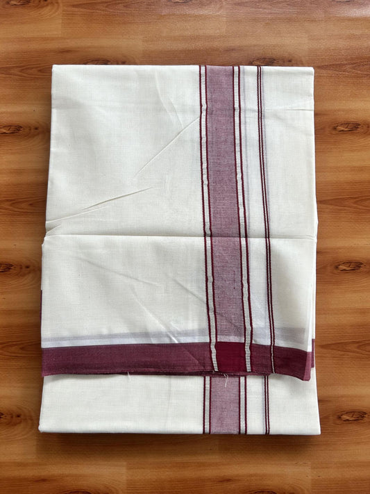 Double Off White (Unbleached) Mundu/Dhoti - 20% Discount! Kaitharikada Pure Cotton - 60s - 1.5 Inch Silver Kasav & Maroon Shaded Kara 4 mtr (8.5 muzham) - 100 KK5460 PMC