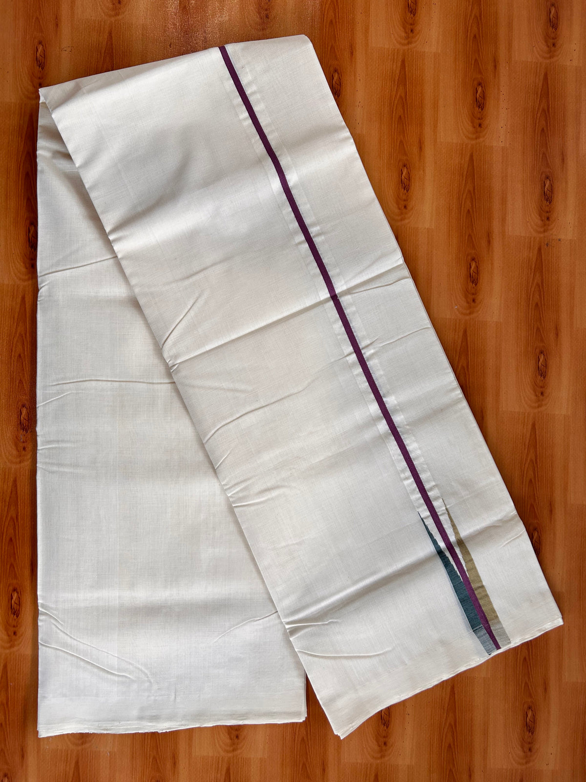 Off White (Unbleached) Double Mundu/Dhoti - 25% Discount!! Unakkupaav Kerala Handloom 100% Pure Cotton - 100X80 - 1 inch Puliyilakkara Dark Green , Mustard & Plum Stripes Chutty 4 mtr (8.5 Muzham) - 15 KK5538 REA