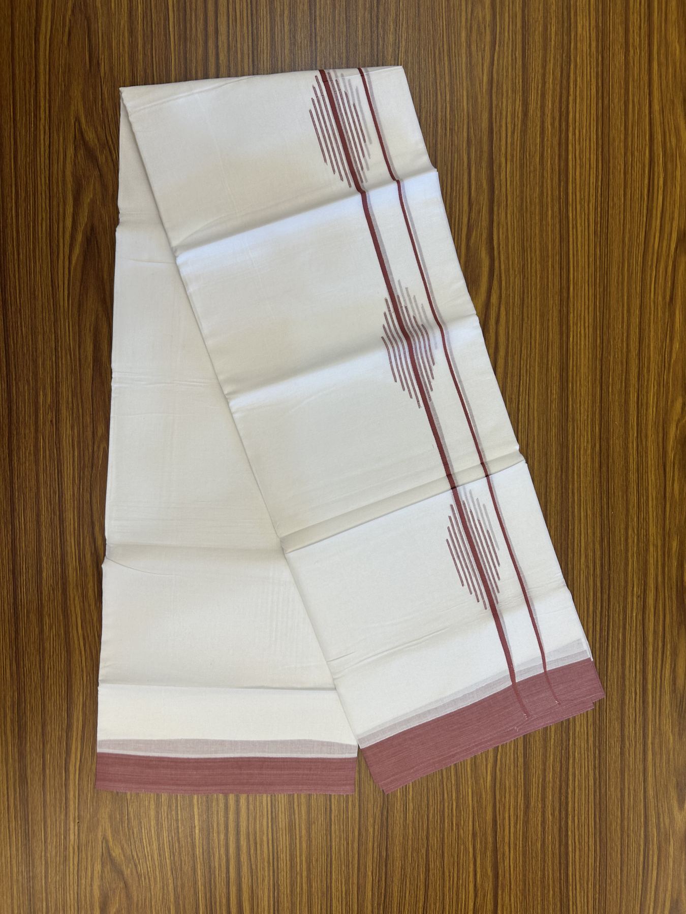 20% Discount ! Kaitharikada Balaramapuram 100% Cotton Pure White Double Mundu/Dothi - 100x80 - 1.5 inch Dusty Rose Stripes Design Kara 3.80 mtr (8 muzham) - 27 KK5319 THI