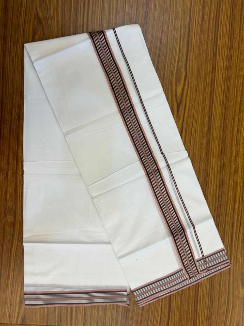 20% Discount ! KaithariKada Balaramapuram Double Pure White Mundu/Dhoti- 100x80 - 1.5 inch Silver Kasavu Dark Brown & Dusty Rose striped kara 3.90 Mtr (8 Muzham) - 13 KK5282 PMC