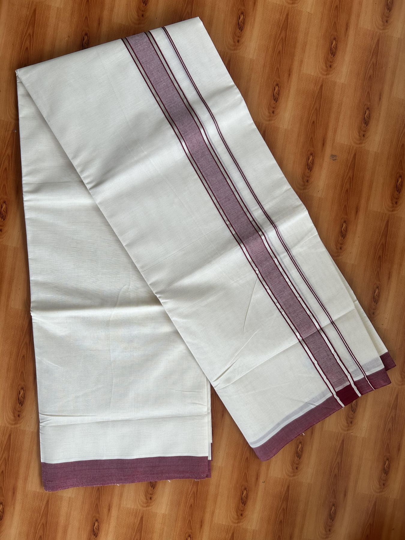 Double Off White (Unbleached) Mundu/Dhoti - 20% Discount! Kaitharikada Pure Cotton - 60s - 1.5 Inch Silver Kasav & Maroon Shaded Kara 4 mtr (8.5 muzham) - 100 KK5460 PMC