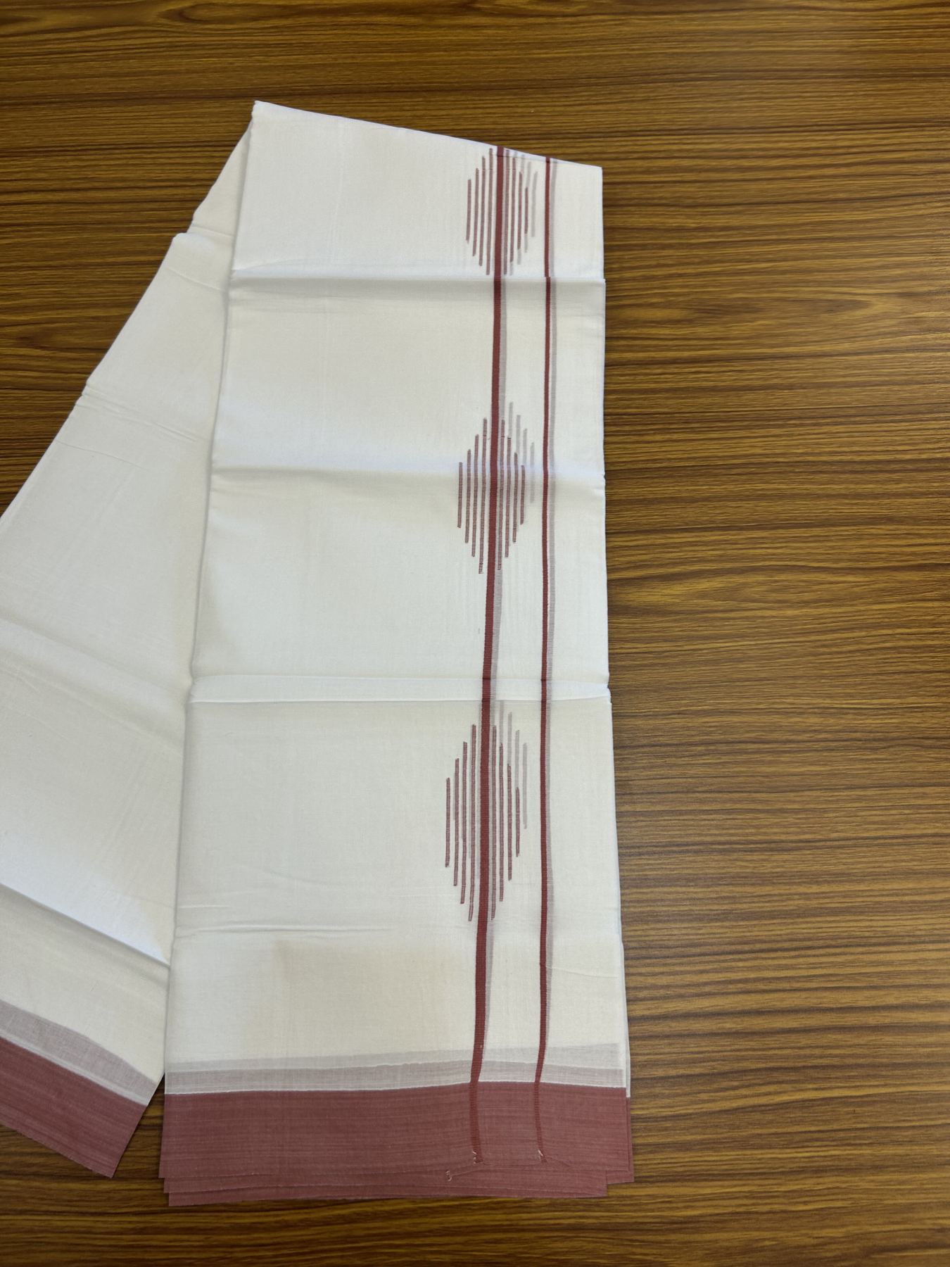 20% Discount ! Kaitharikada Balaramapuram 100% Cotton Pure White Double Mundu/Dothi - 100x80 - 1.5 inch Dusty Rose Stripes Design Kara 3.80 mtr (8 muzham) - 27 KK5319 THI