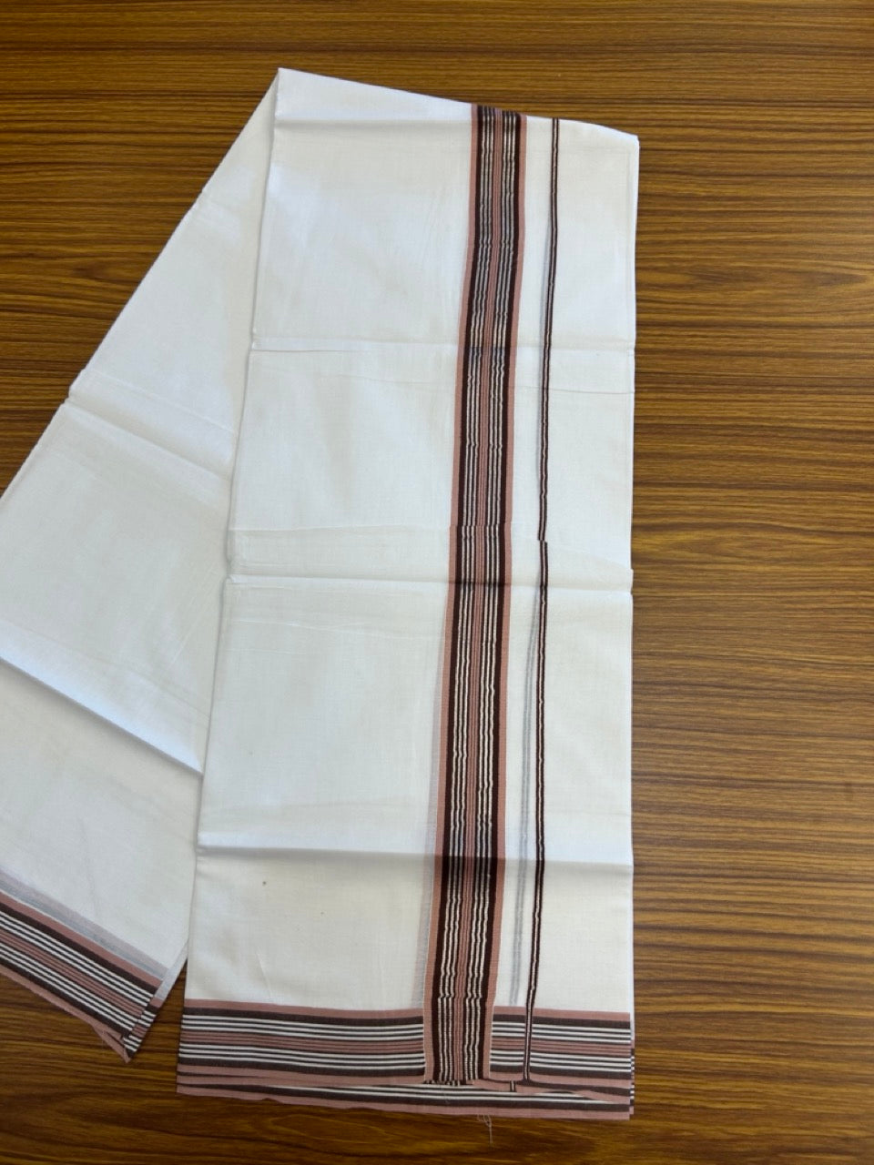 20% Discount ! KaithariKada Balaramapuram Double Pure White Mundu/Dhoti- 100x80 - 1.5 inch Silver Kasavu Dark Brown & Dusty Rose striped kara 3.90 Mtr (8 Muzham) - 13 KK5282 PMC