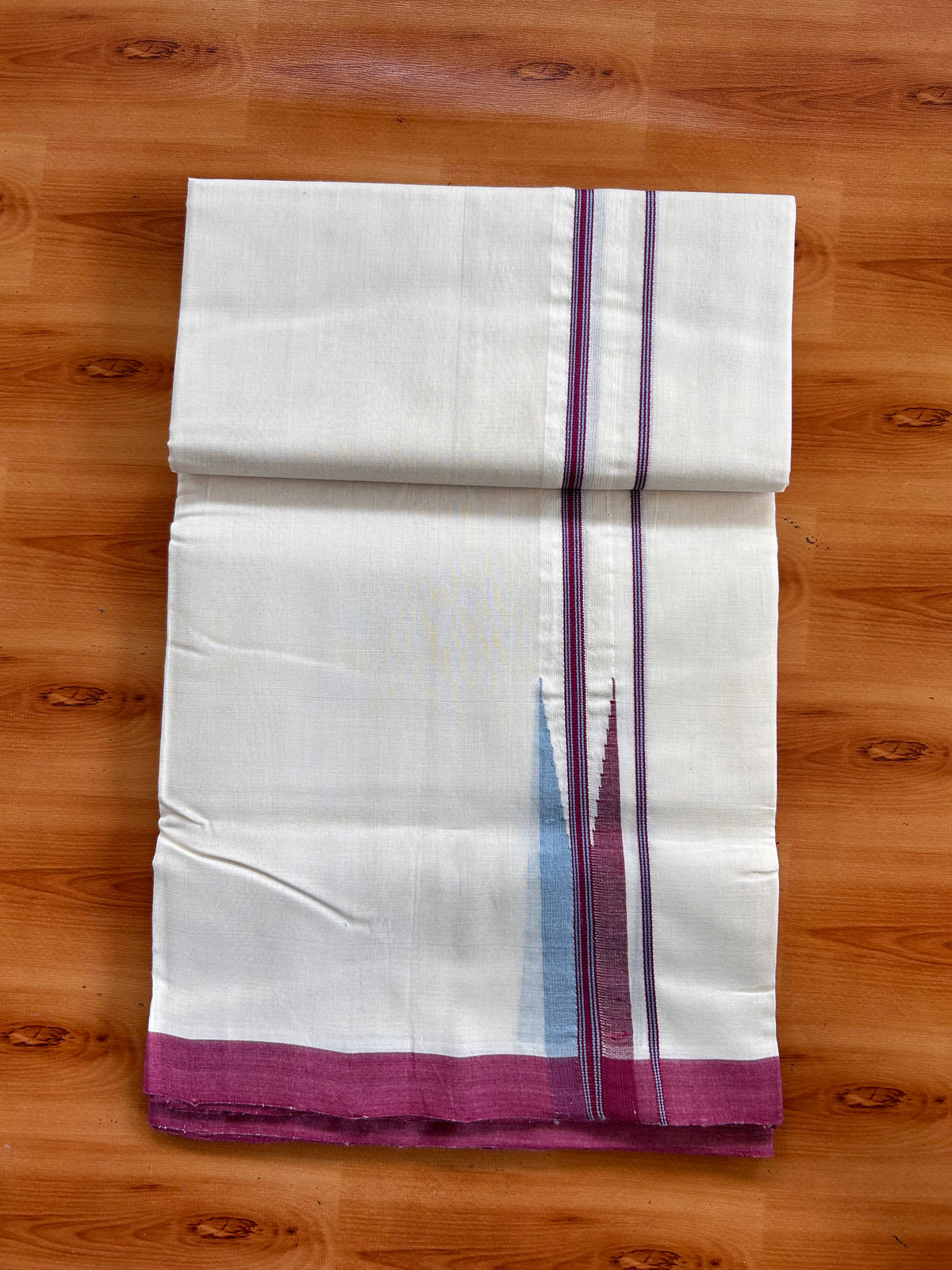 Off White (Unbleached) Double Mundu/Dhoti - 25% Discount!! Unakkupaav Kerala Handloom 100% Pure Cotton - 100X80 - 1 inch Puliyilakkara Maroon & Blue Stripes Chutty 4 mtr (8.5 Muzham) - 13 KK5538 REA