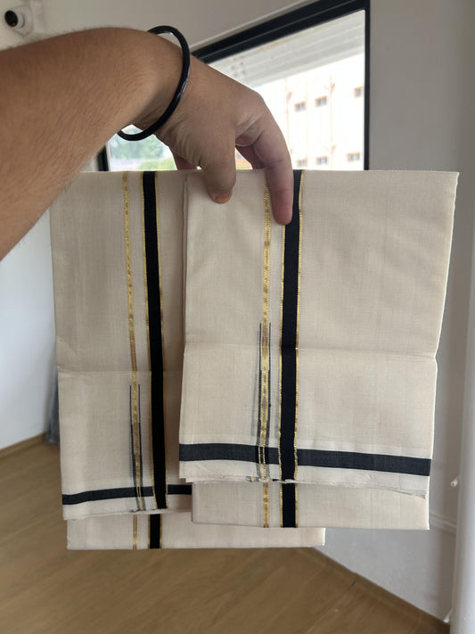 25% Discount !! KaithariKada Handloom Unakkupaav Balaramapuram - 100% Pure Cotton Off White Single Set Mundu - 100x80 - 0.5 Inch Gold Kasav & Black Puliyilakkara Chutty - Mundu 2 mtr & Neriyath 2.50 mtr - 3 KK7159 SOM