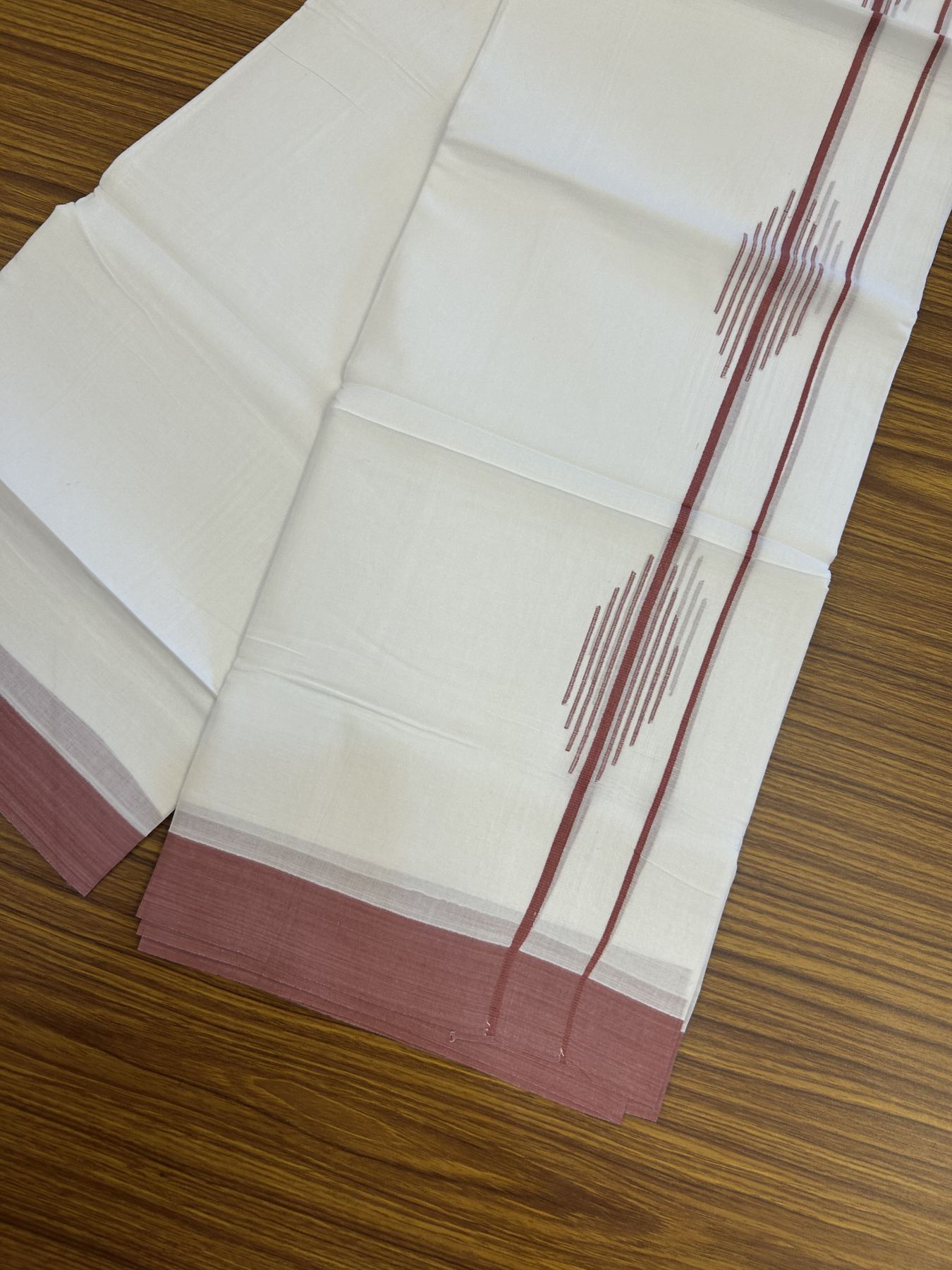 20% Discount ! Kaitharikada Balaramapuram 100% Cotton Pure White Double Mundu/Dothi - 100x80 - 1.5 inch Dusty Rose Stripes Design Kara 3.80 mtr (8 muzham) - 27 KK5319 THI