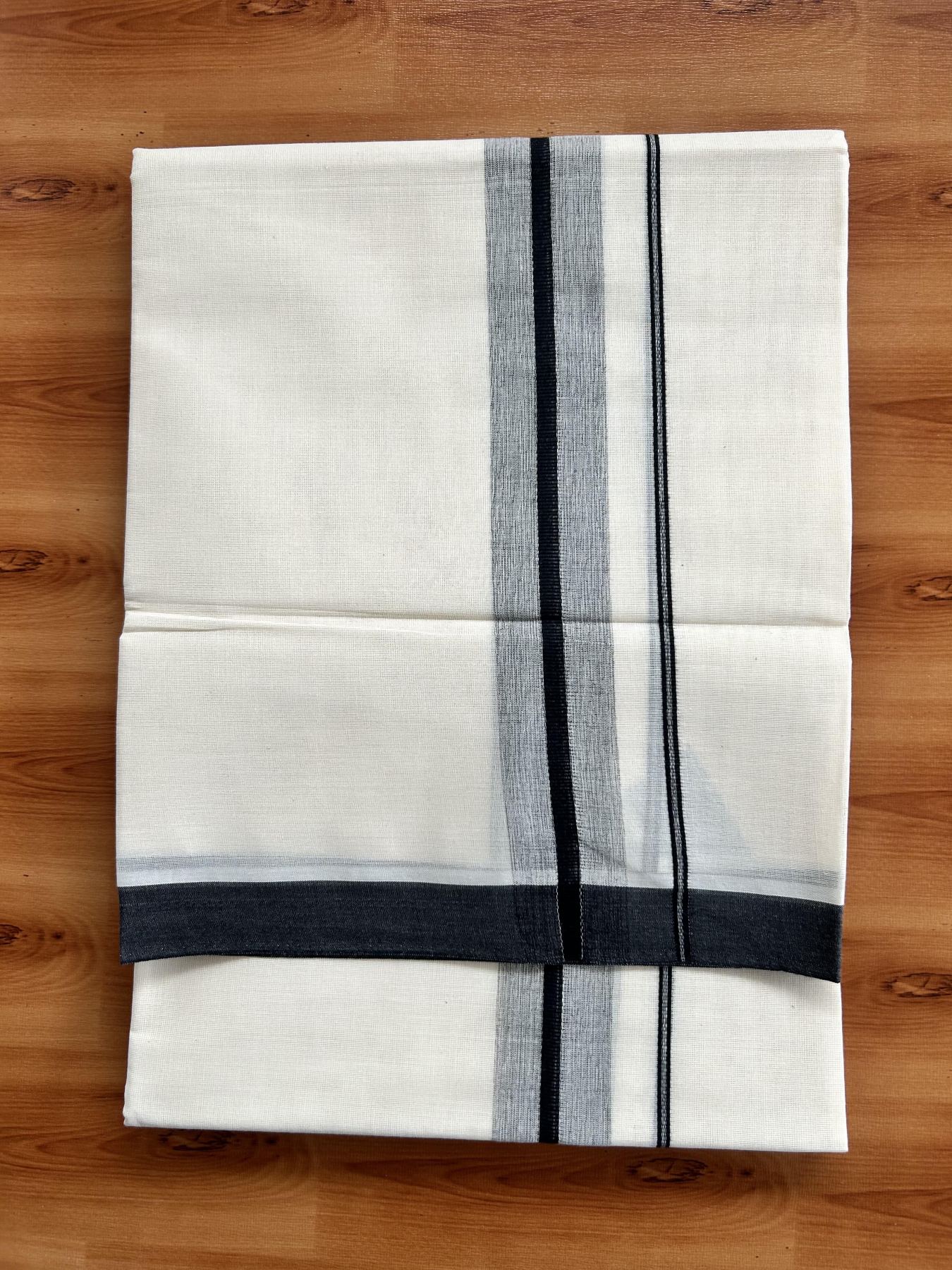 Double Off White Mundu/Dhoti- 20% Discount! KaithariKada Pure Cotton - 60s - 1.75 inch Black Shaded Kara 4 mtr (8.5 muzham) - 95 KK5460 PMC