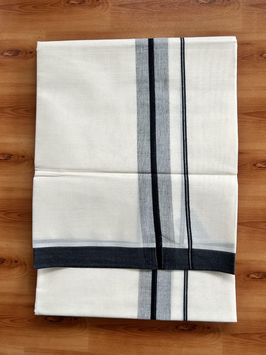 Double Off White Mundu/Dhoti- 20% Discount! KaithariKada Pure Cotton - 60s - 1.75 inch Black Shaded Kara 4 mtr (8.5 muzham) - 95 KK5460 PMC