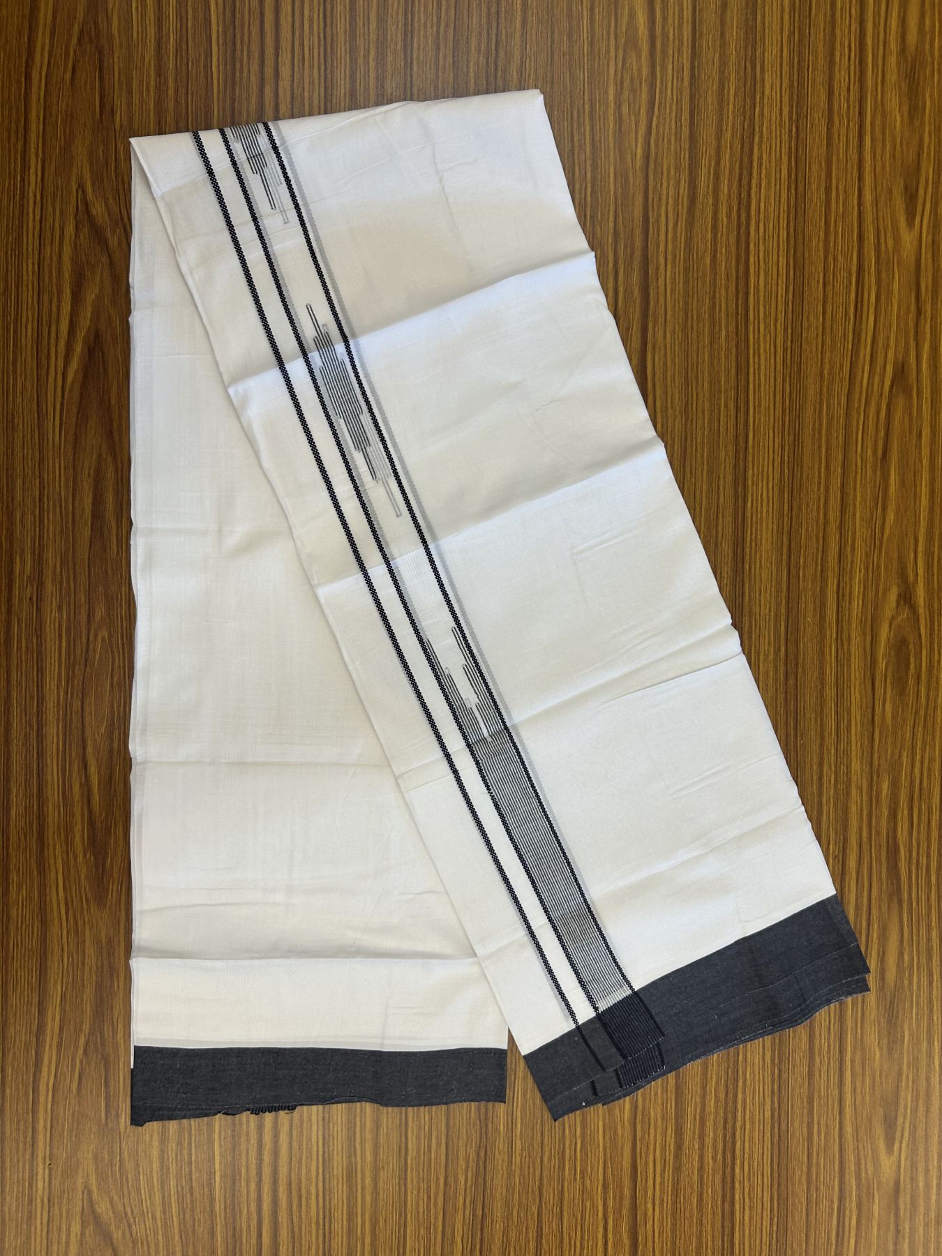 20% Discount ! Kaitharikada Balaramapuram 100% Cotton Pure White Double Mundu/Dothi - 100x80 - 1.5 inch Ash Black Stripes Design Chutty Kara 3.80 mtr (8 muzham) - 24 KK5319 THI