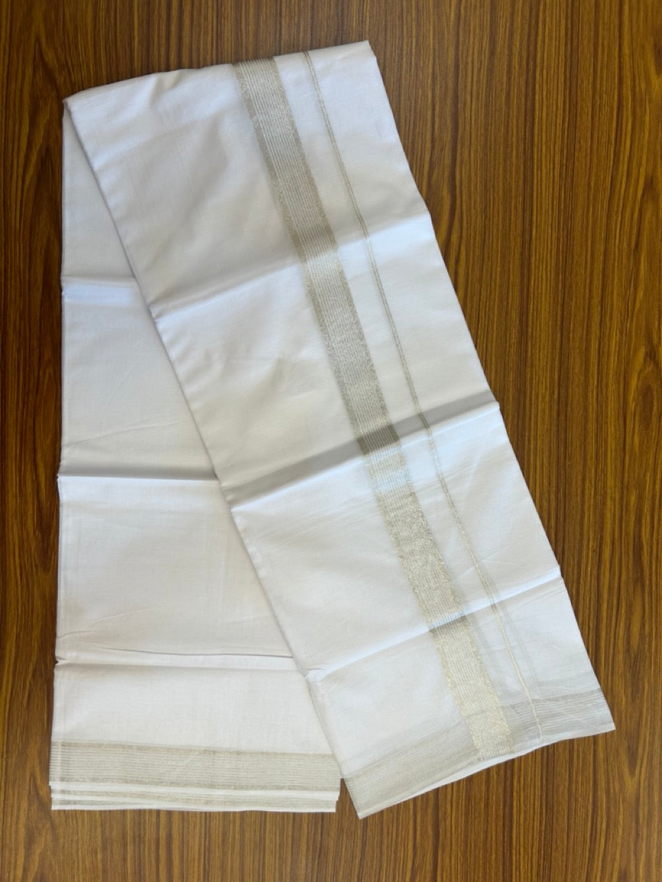 20% Discount! KaithariKada Balaramapuram 100% Cotton Double Pure White Mundu/Dhoti - 100x80 - 1.5 inch Silver Kasavu striped Kara - 3.90 Mtr (8 Muzham) - 3 KK5282 PMC