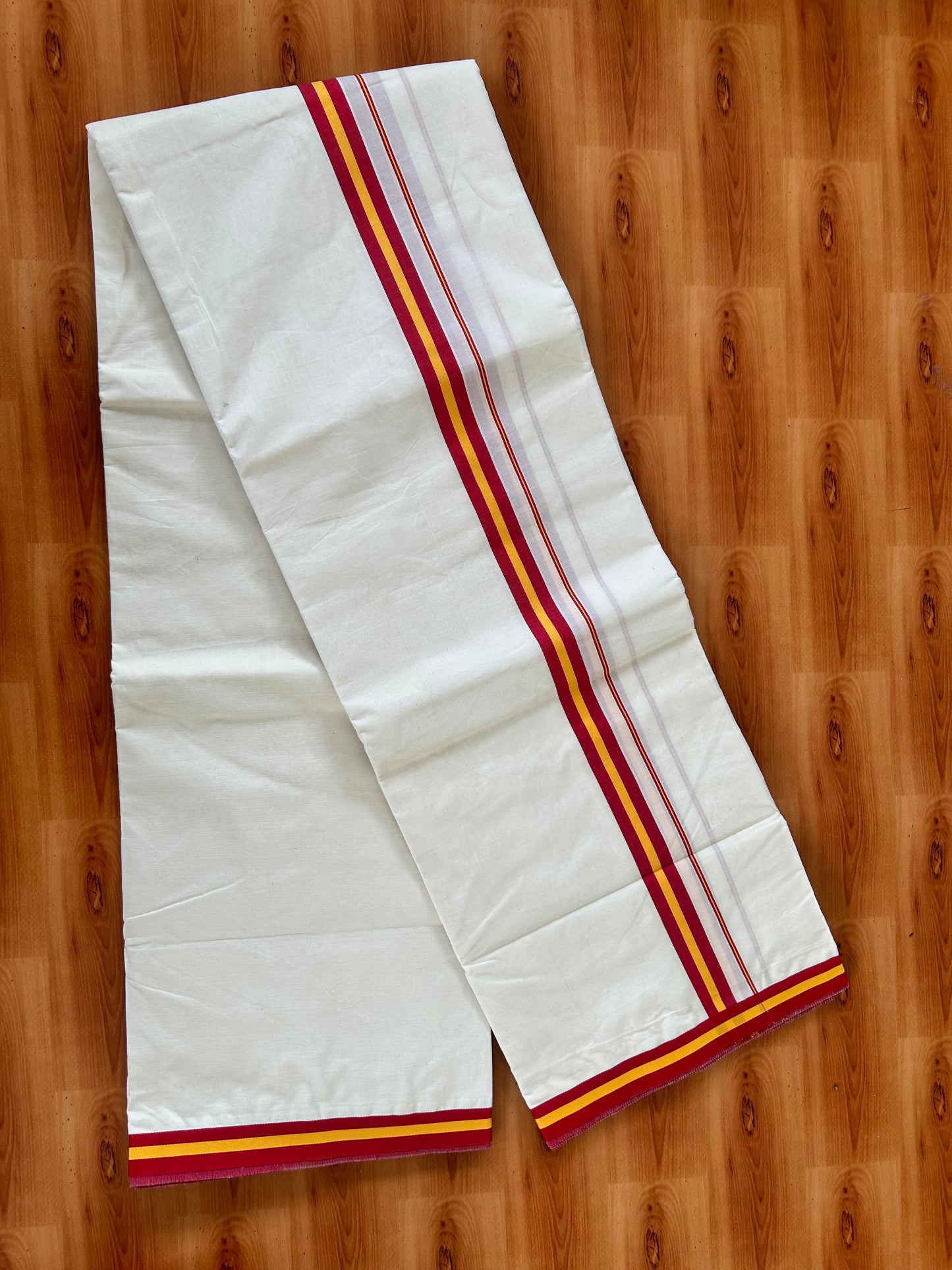 Tvk Veshti - 20% Discount! KaithariKada Balaramapuram 100% Mill Bleached Mercerised Cotton Double Off white Mundu/Dhoti - 100x100 - 1 inch Dark Red & Yellow Kara - 4 mtr ( 8.5 muzham) - 3 KK5426 KBF