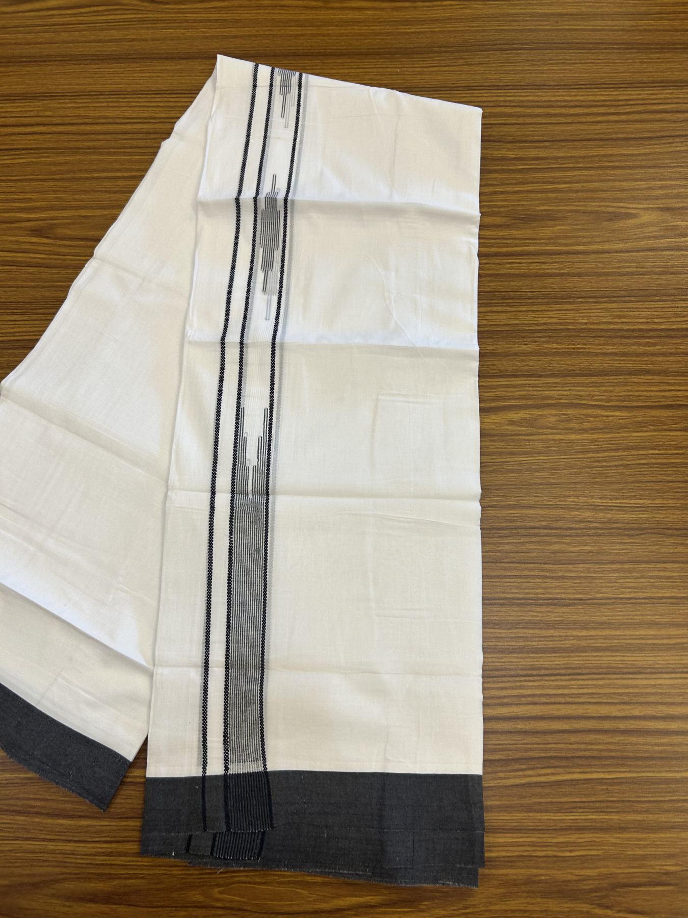 20% Discount ! Kaitharikada Balaramapuram 100% Cotton Pure White Double Mundu/Dothi - 100x80 - 1.5 inch Ash Black Stripes Design Chutty Kara 3.80 mtr (8 muzham) - 24 KK5319 THI