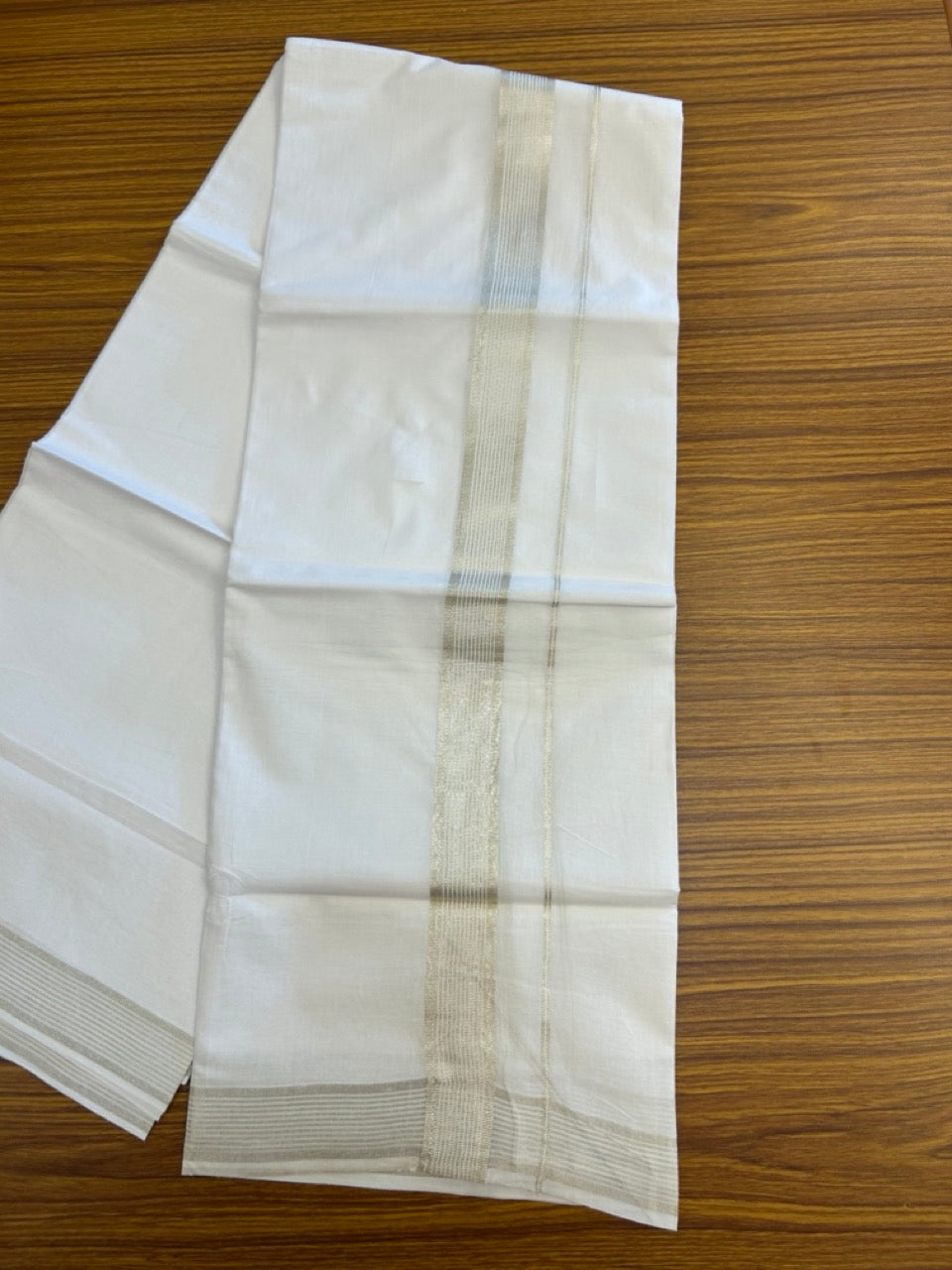 20% Discount! KaithariKada Balaramapuram 100% Cotton Double Pure White Mundu/Dhoti - 100x80 - 1.5 inch Silver Kasavu striped Kara - 3.90 Mtr (8 Muzham) - 3 KK5282 PMC