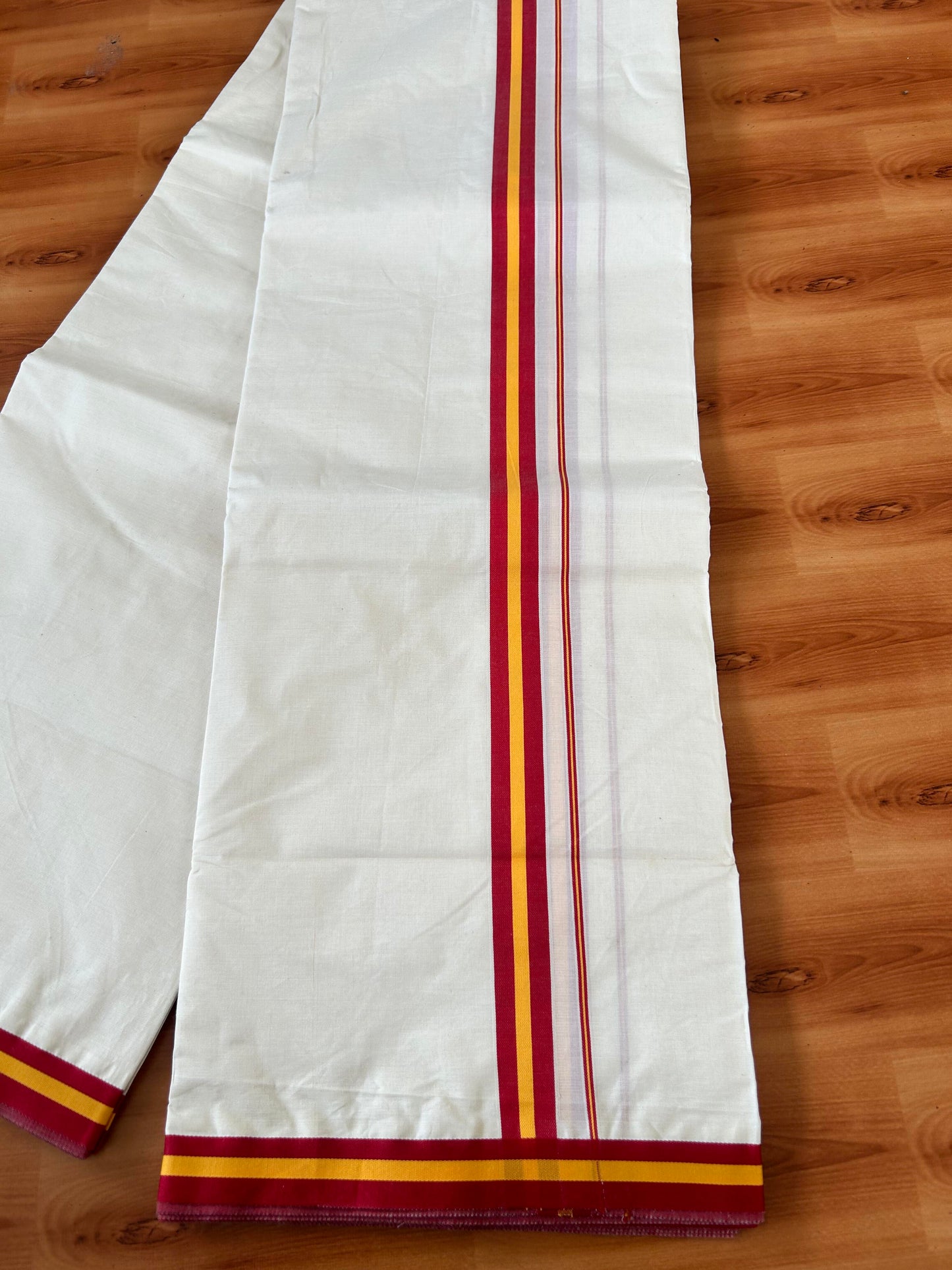 Tvk Veshti - 20% Discount! KaithariKada Balaramapuram 100% Mill Bleached Mercerised Cotton Double Off white Mundu/Dhoti - 100x100 - 1 inch Dark Red & Yellow Kara - 4 mtr ( 8.5 muzham) - 3 KK5426 KBF