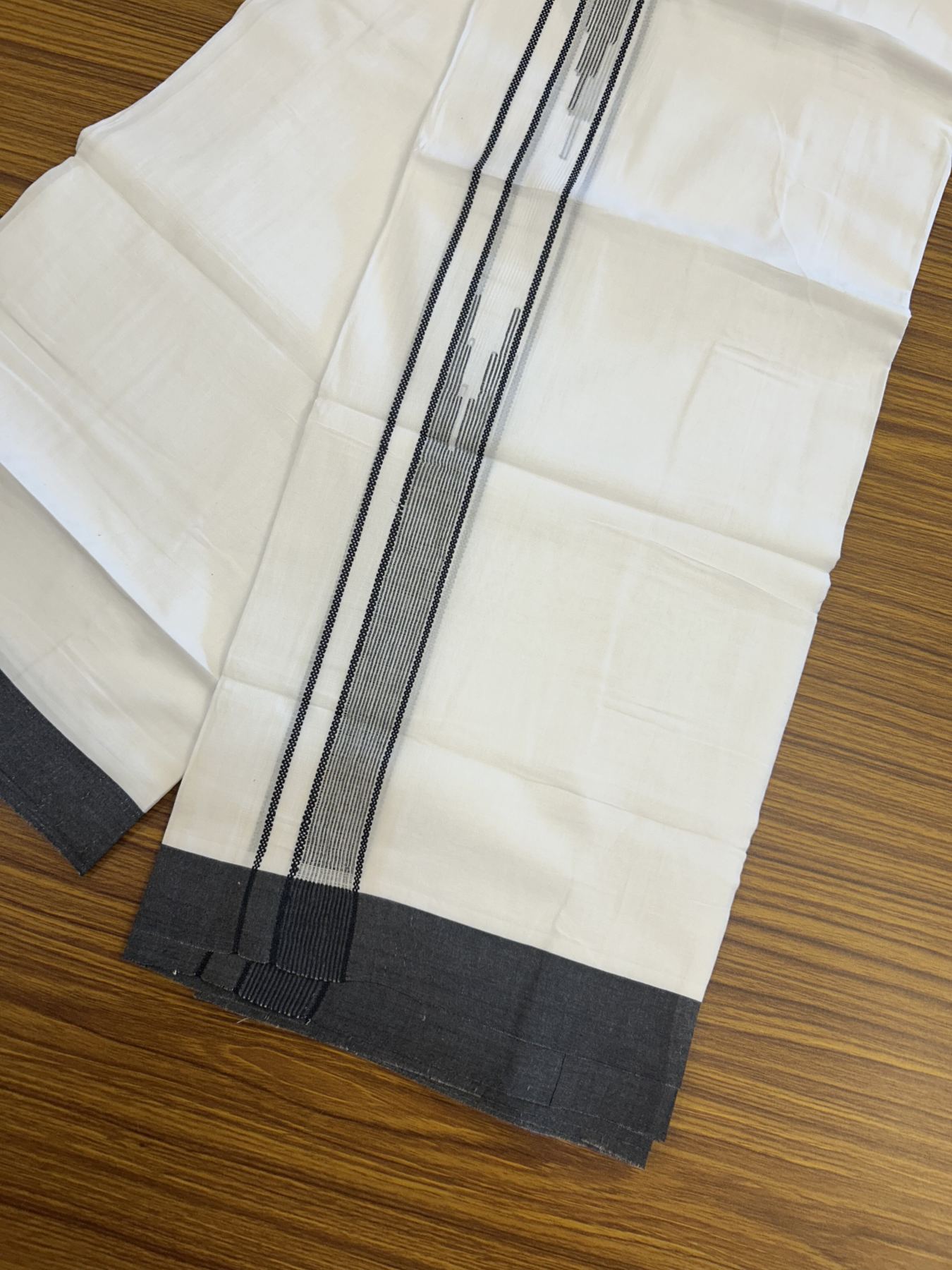 20% Discount ! Kaitharikada Balaramapuram 100% Cotton Pure White Double Mundu/Dothi - 100x80 - 1.5 inch Ash Black Stripes Design Chutty Kara 3.80 mtr (8 muzham) - 24 KK5319 THI