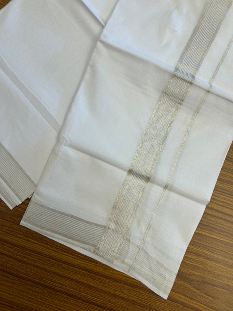 20% Discount! KaithariKada Balaramapuram 100% Cotton Double Pure White Mundu/Dhoti - 100x80 - 1.5 inch Silver Kasavu striped Kara - 3.90 Mtr (8 Muzham) - 3 KK5282 PMC