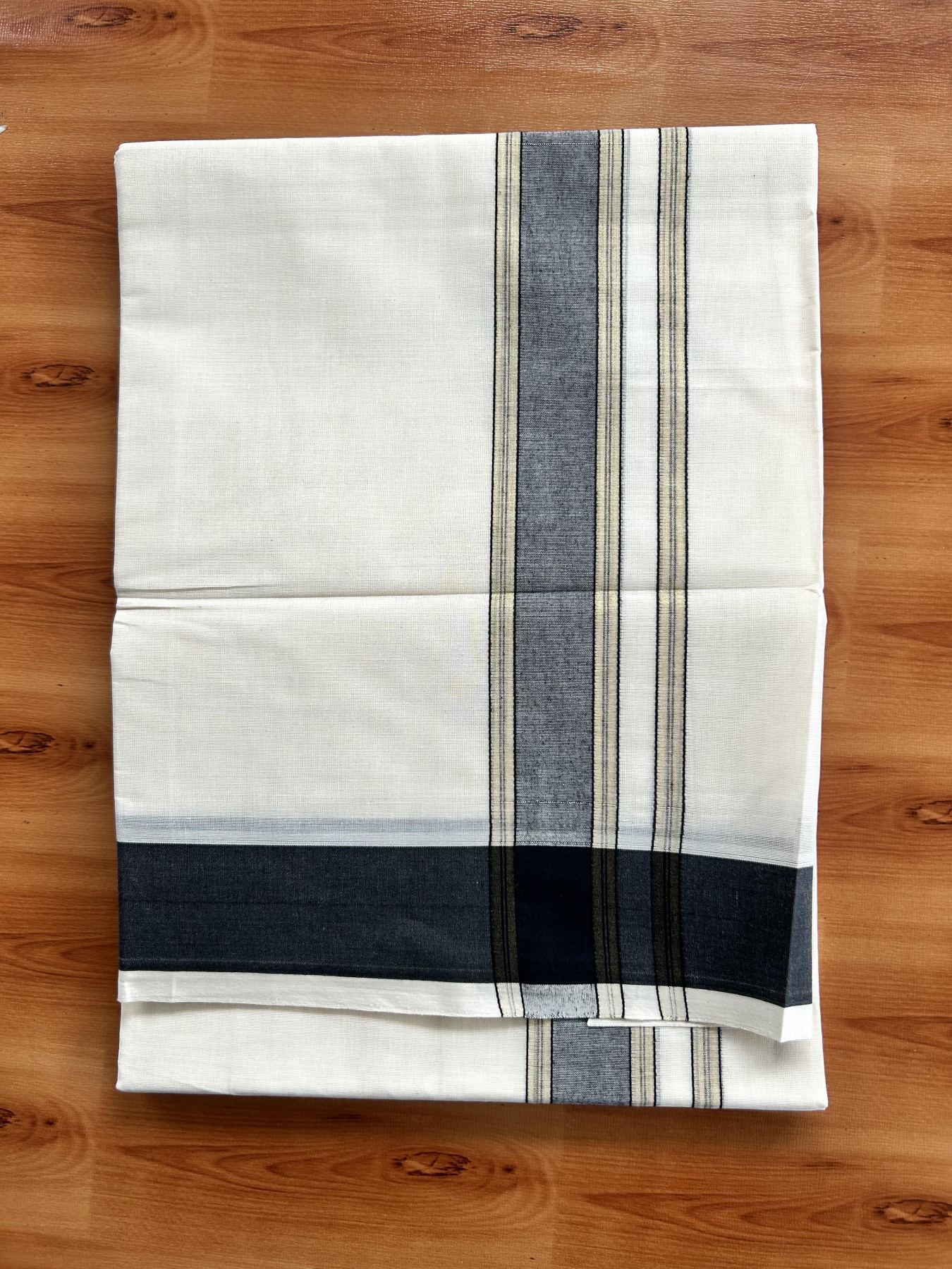 Double Off White (Unbleached) Mundu/Dhoti - 20% Discount! Kaitharikada Pure Cotton -100x80 - 1.75 Inch Gold Kasav & Black Shaded Kara 4 mtr (8.5 muzham) - 104 KK5460 PMC