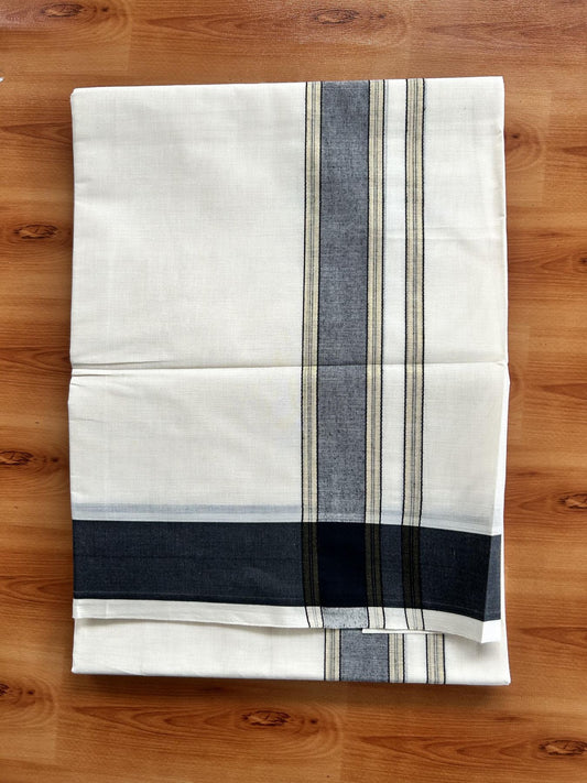 Double Off White (Unbleached) Mundu/Dhoti - 20% Discount! Kaitharikada Pure Cotton -100x80 - 1.75 Inch Gold Kasav & Black Shaded Kara 4 mtr (8.5 muzham) - 104 KK5460 PMC