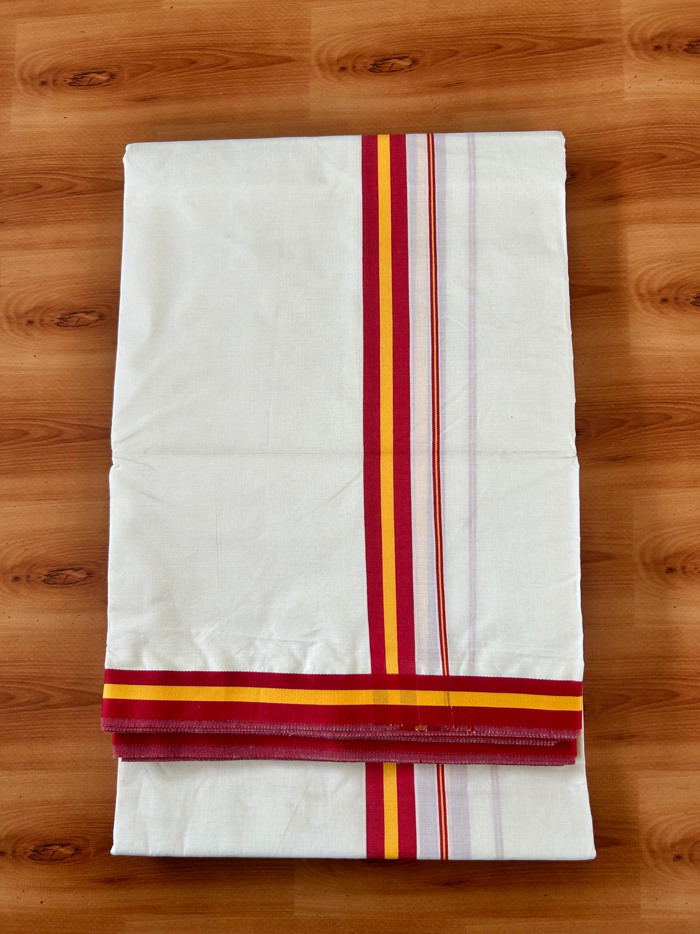 Tvk Veshti - 20% Discount! KaithariKada Balaramapuram 100% Mill Bleached Mercerised Cotton Double Off white Mundu/Dhoti - 100x100 - 1 inch Dark Red & Yellow Kara - 4 mtr ( 8.5 muzham) - 3 KK5426 KBF