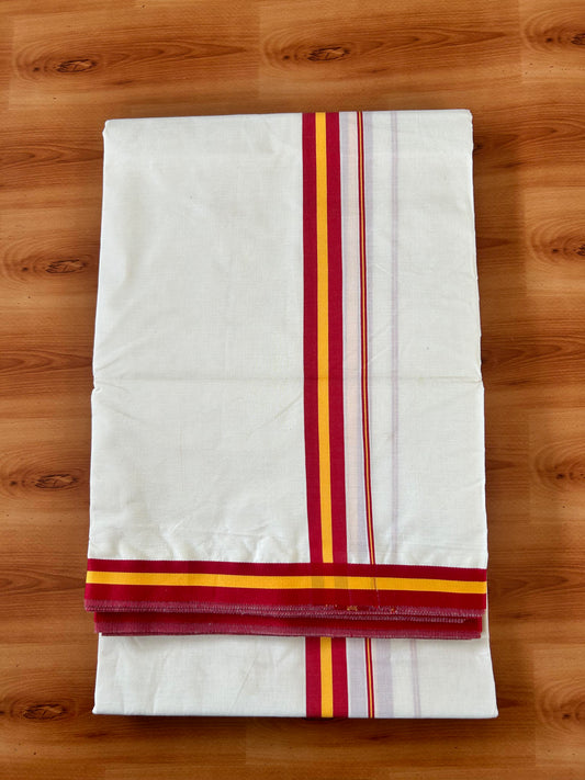 Tvk Veshti - 20% Discount! KaithariKada Balaramapuram 100% Mill Bleached Mercerised Cotton Double Off white Mundu/Dhoti - 100x100 - 1 inch Dark Red & Yellow Kara - 4 mtr ( 8.5 muzham) - 3 KK5426 KBF