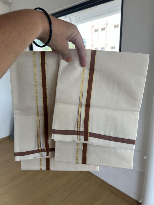 25% Discount !! KaithariKada Handloom Unakkupaav Balaramapuram - 100% Pure Cotton Off White Single Set Mundu - 100x80 - 0.5 Inch Gold Kasav & Brwon Puliyilakkara Chutty - Mundu 2 mtr & Neriyath 2.70 mtr - 4 KK7159 SOM
