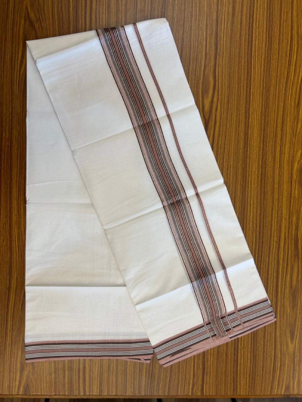 20% Discount ! KaithariKada Balaramapuram Double Pure White Mundu/Dhoti- 100x80 - 2 inch Silver Kasavu Dark Brown & Dusty Rose striped kara 3.90 Mtr (8 Muzham) - 36 KK5282 PMC