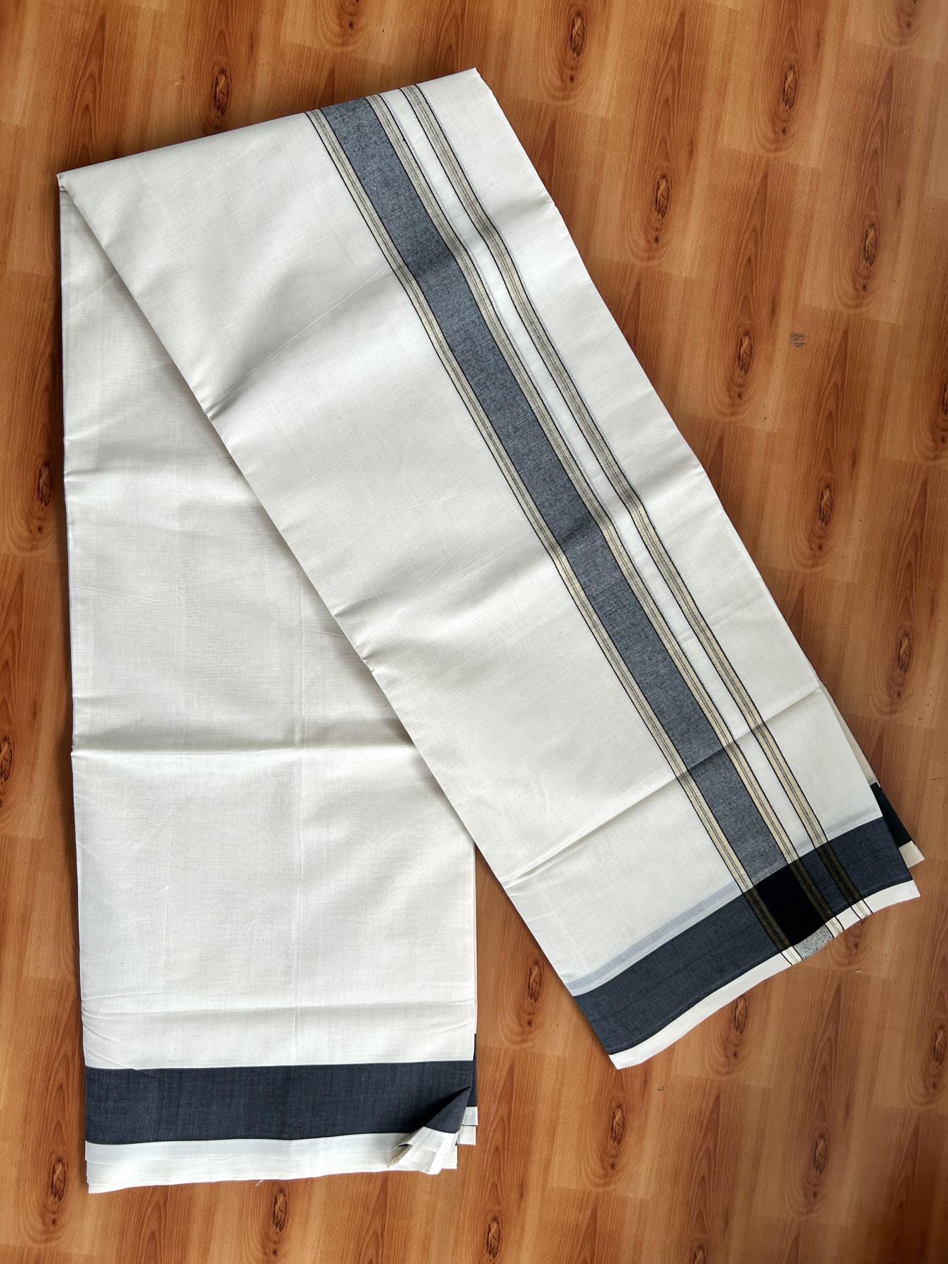 Double Off White (Unbleached) Mundu/Dhoti - 20% Discount! Kaitharikada Pure Cotton -100x80 - 1.75 Inch Gold Kasav & Black Shaded Kara 4 mtr (8.5 muzham) - 104 KK5460 PMC