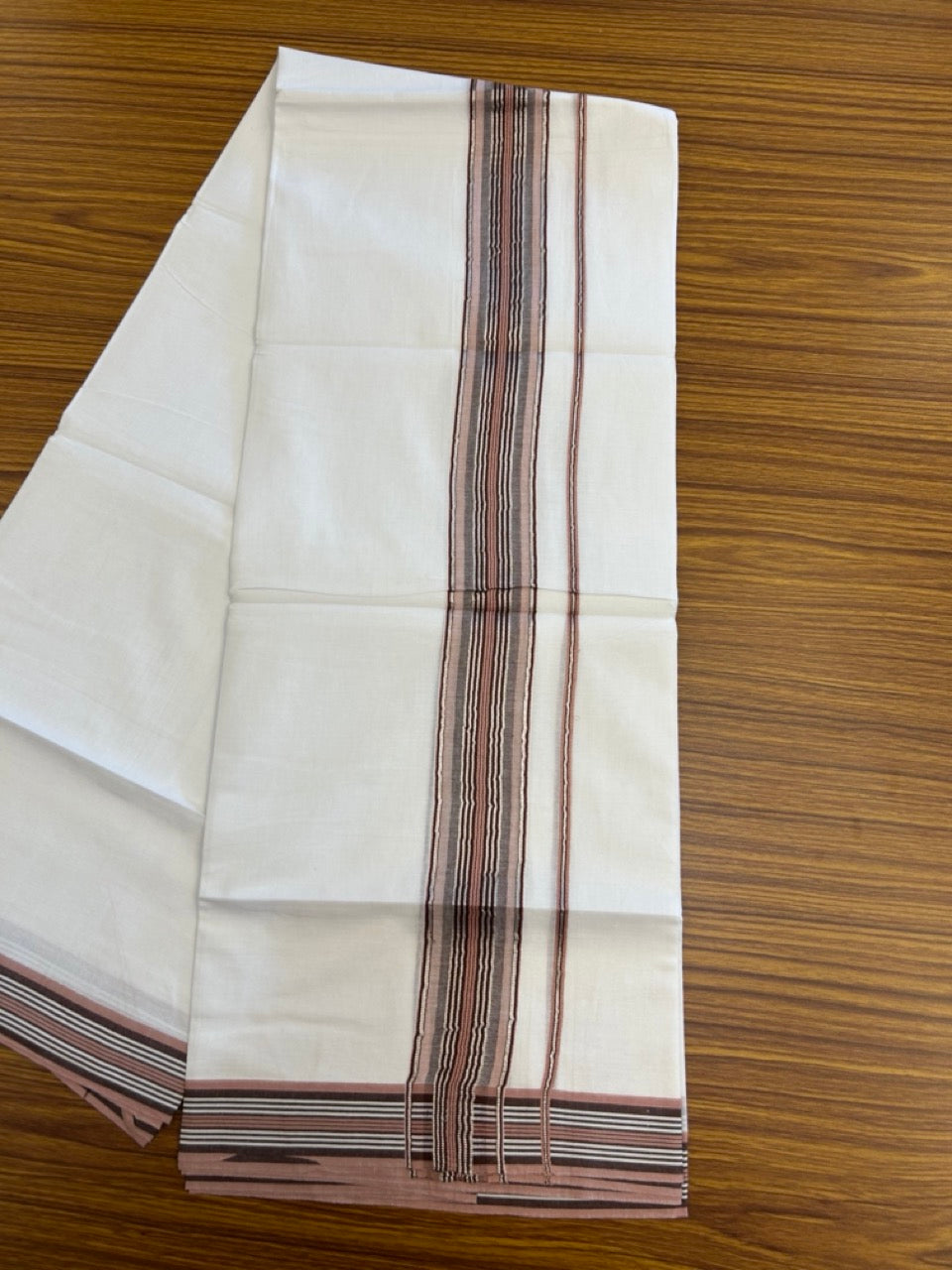 20% Discount ! KaithariKada Balaramapuram Double Pure White Mundu/Dhoti- 100x80 - 2 inch Silver Kasavu Dark Brown & Dusty Rose striped kara 3.90 Mtr (8 Muzham) - 36 KK5282 PMC
