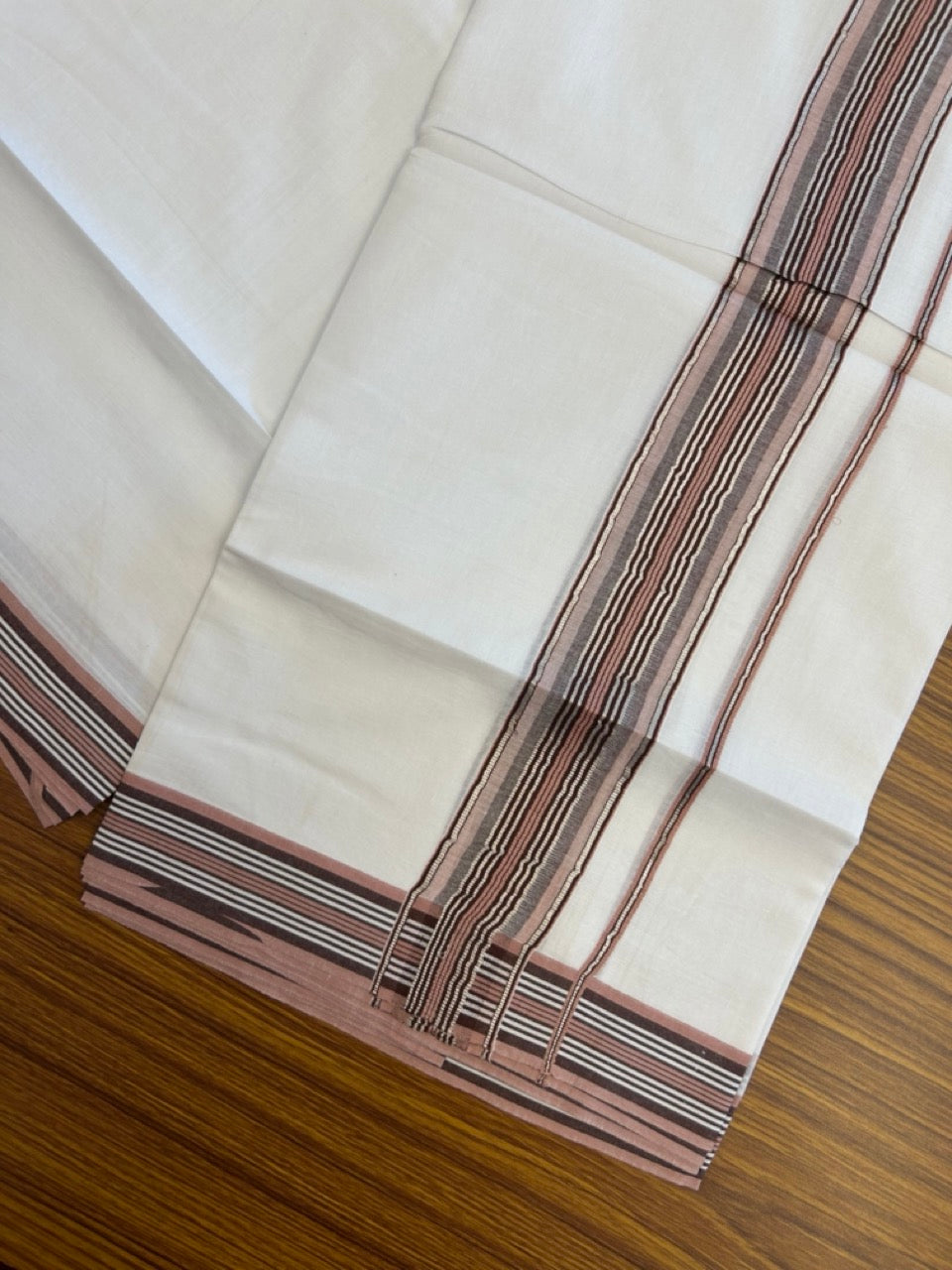 20% Discount ! KaithariKada Balaramapuram Double Pure White Mundu/Dhoti- 100x80 - 2 inch Silver Kasavu Dark Brown & Dusty Rose striped kara 3.90 Mtr (8 Muzham) - 36 KK5282 PMC