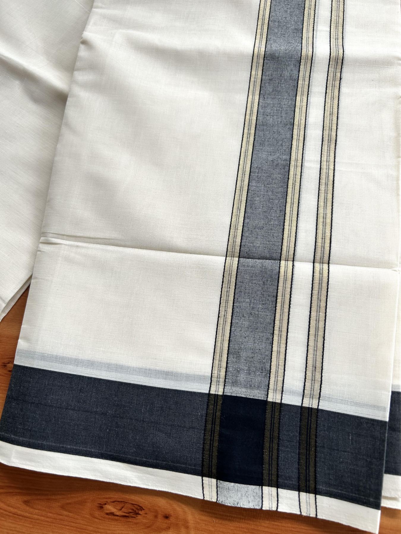 Double Off White (Unbleached) Mundu/Dhoti - 20% Discount! Kaitharikada Pure Cotton -100x80 - 1.75 Inch Gold Kasav & Black Shaded Kara 4 mtr (8.5 muzham) - 104 KK5460 PMC