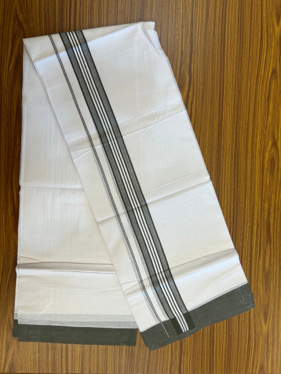20% Discount ! KaithariKada Balaramapuram 100% Cotton Double Pure white Mundu/Dhoti- 100x80 - 1.75 inch Dark Sage Green shaded striped Kara - 3.90mtr ( 8 muzham) - 38 KK5282 PMC