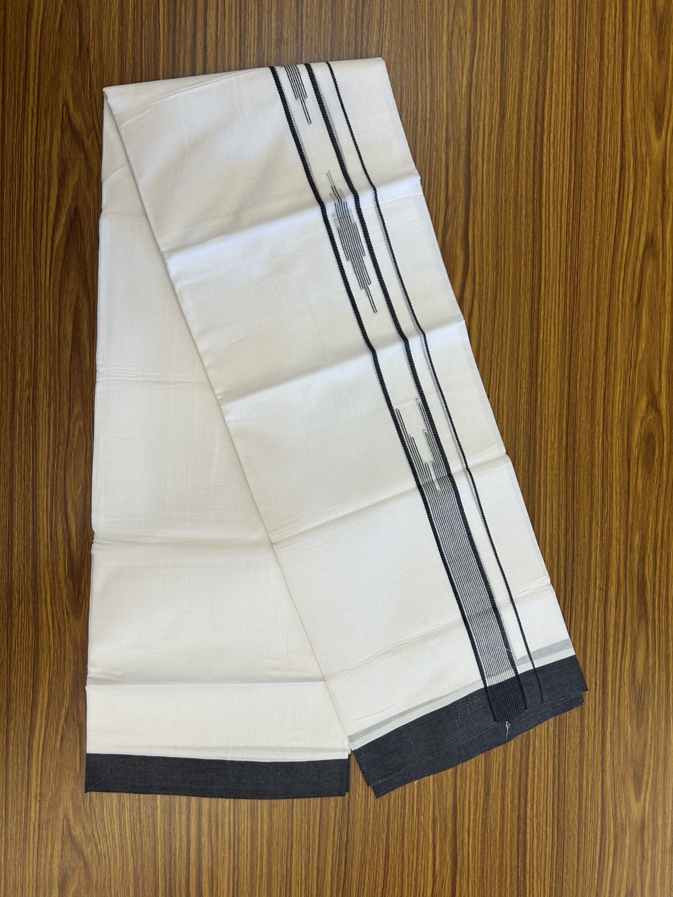 20% Discount ! Kaitharikada Balaramapuram 100% Cotton Pure White Double Mundu/Dothi - 100x80 - 1.5 inch Ash Black Stripes Design Chutty Kara 3.80 mtr (8 muzham) - 42 KK5319 THI