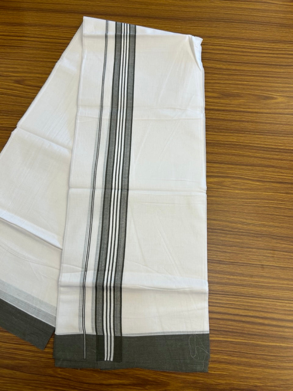 20% Discount ! KaithariKada Balaramapuram 100% Cotton Double Pure white Mundu/Dhoti- 100x80 - 1.75 inch Dark Sage Green shaded striped Kara - 3.90mtr ( 8 muzham) - 38 KK5282 PMC