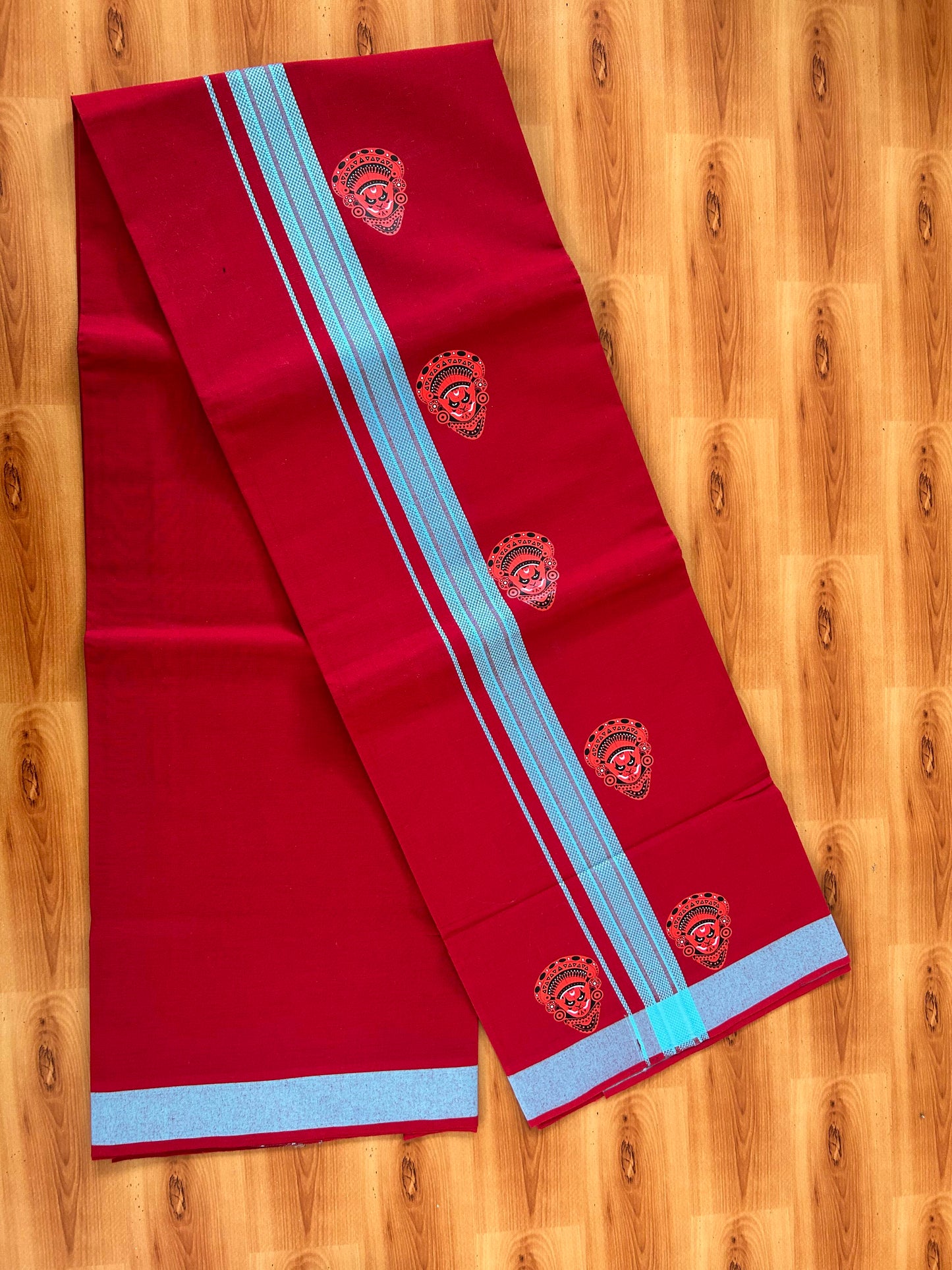 Single Kaily / Lungi- 20% Discount !! Kaitharikada - Pure Cotton - (40s) - 1.25 inch Light Blue Striped Theyyam Printed Design Kara with Maroon colour Body (2 meter / 4 muzham) - 2 KK8063 GAN