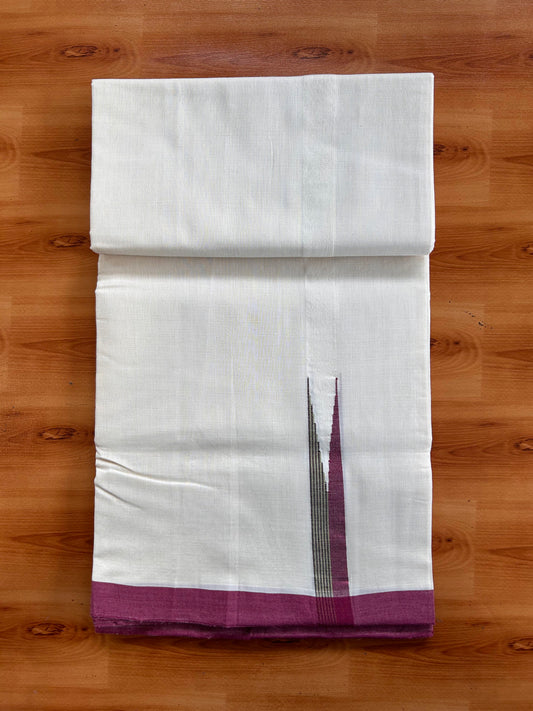 Off White (Unbleached) Double Mundu/Dhoti - 25% Discount!! Unakkupaav Kerala Handloom 100% Pure Cotton - 100X80 - 1 inch Puliyilakkara Maroon , Brown & Green Chutty 4 mtr (8.5 Muzham) - 4 KK5538 REA