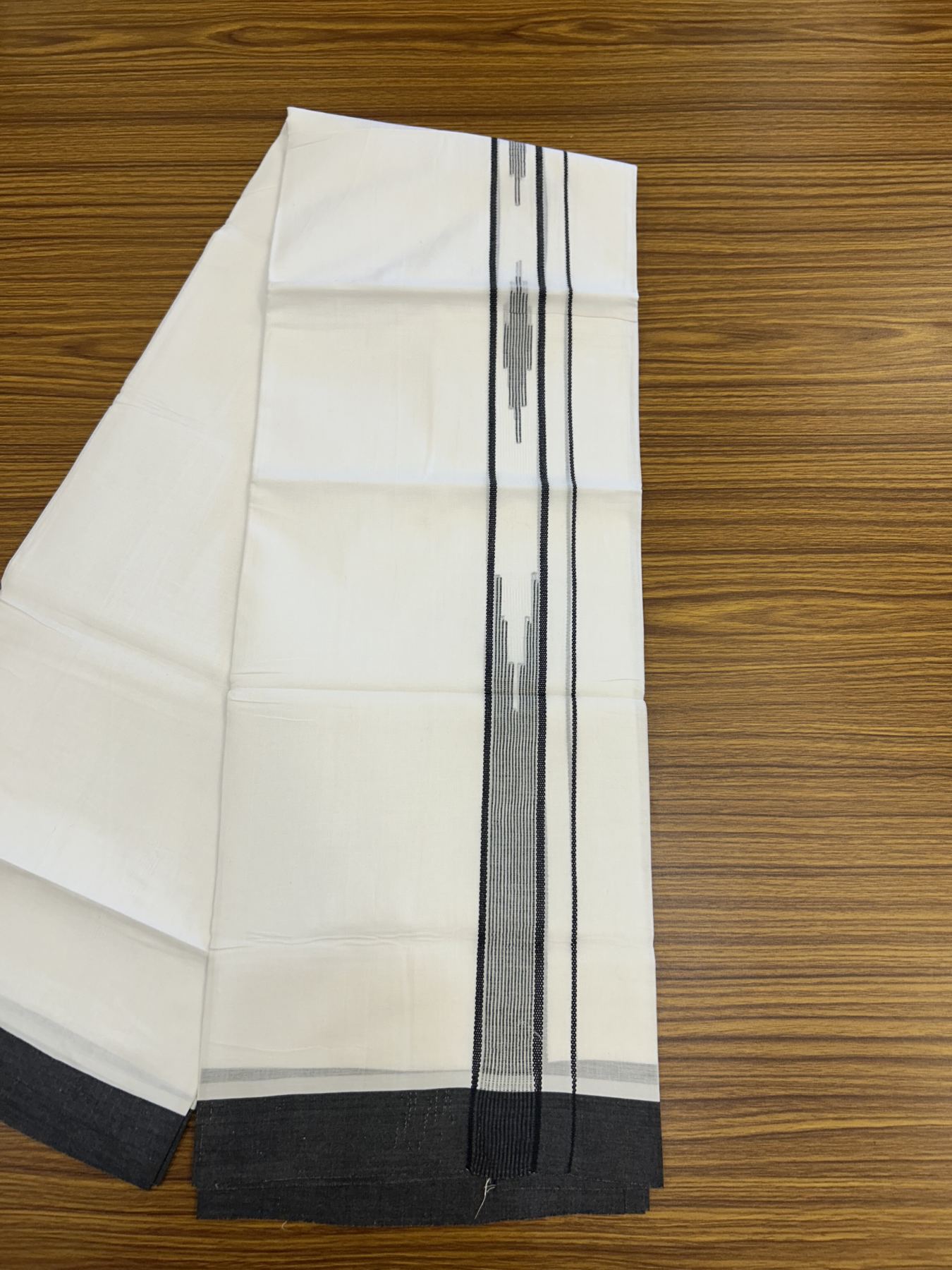 20% Discount ! Kaitharikada Balaramapuram 100% Cotton Pure White Double Mundu/Dothi - 100x80 - 1.5 inch Ash Black Stripes Design Chutty Kara 3.80 mtr (8 muzham) - 42 KK5319 THI