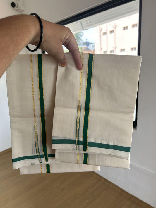 25% Discount !! KaithariKada Handloom Unakkupaav Balaramapuram - 100% Pure Cotton Off White Single Set Mundu - 100x80 - 0.5 Inch Gold Kasav & Light Green Puliyilakkara Chutty - Mundu 2 mtr & Neriyath 2.70 mtr - 2 KK7159 SOM