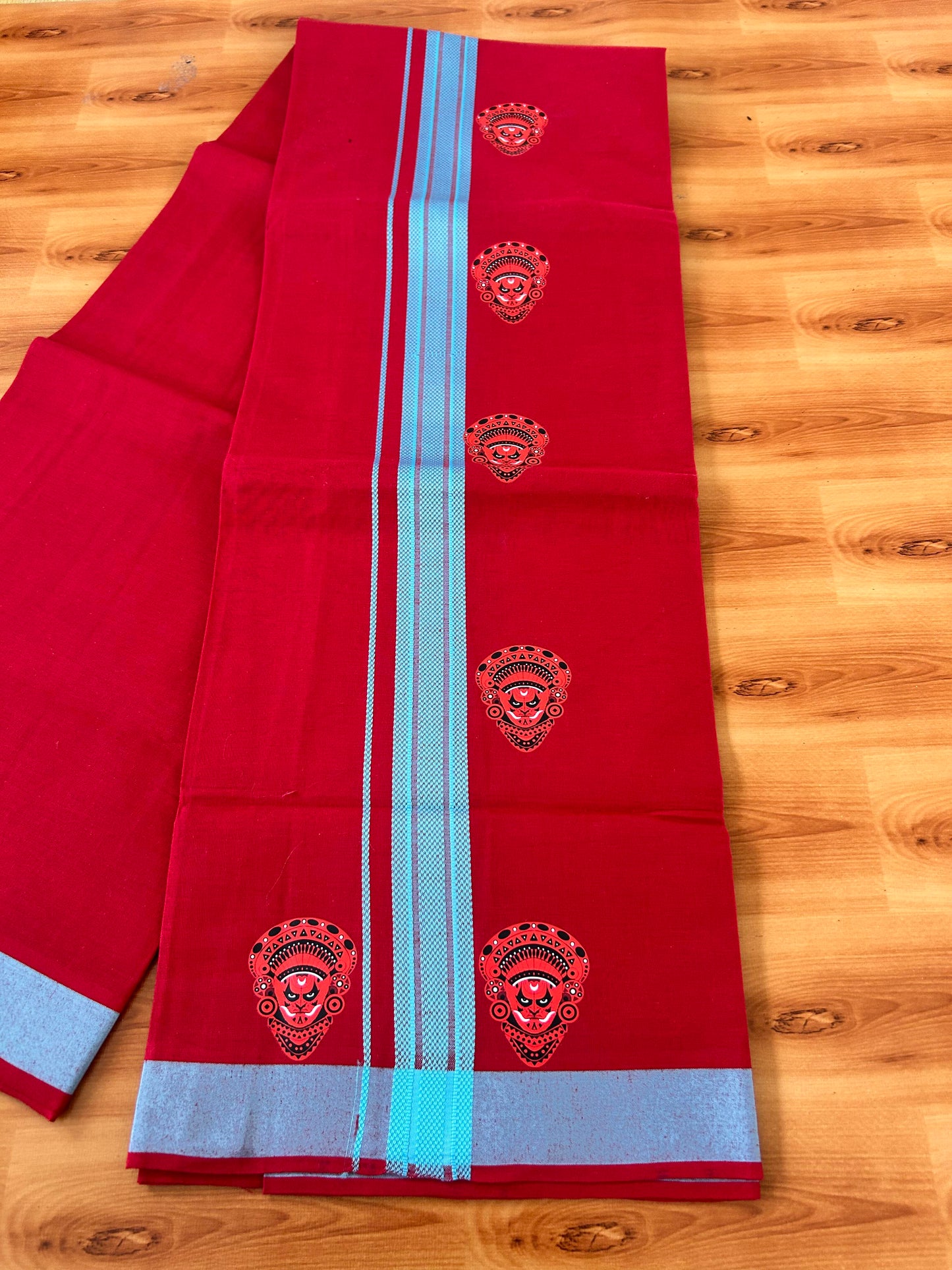 Single Kaily / Lungi- 20% Discount !! Kaitharikada - Pure Cotton - (40s) - 1.25 inch Light Blue Striped Theyyam Printed Design Kara with Maroon colour Body (2 meter / 4 muzham) - 2 KK8063 GAN