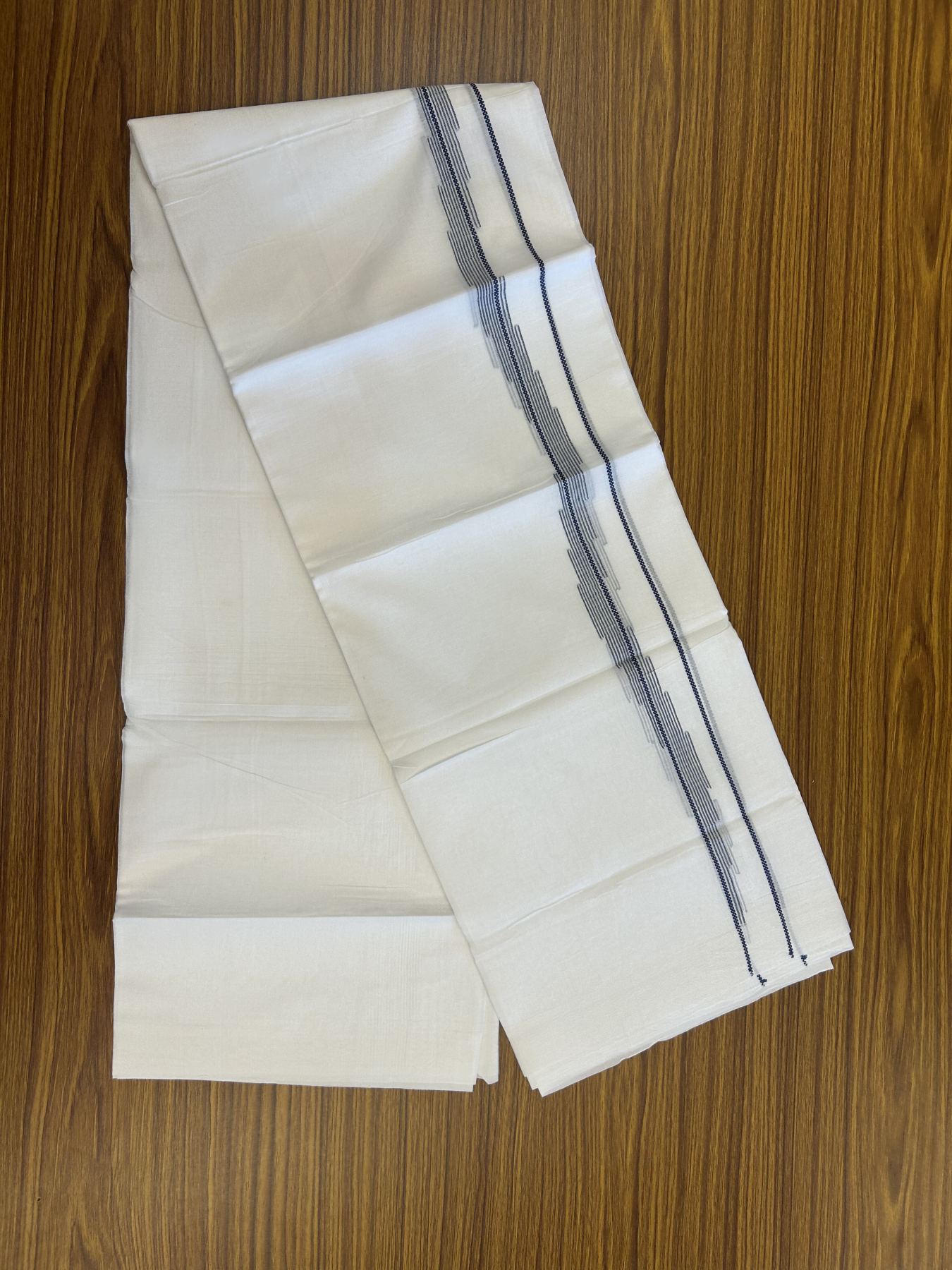 20% Discount ! Kaitharikada Balaramapuram 100% Cotton Pure White Double Mundu/Dothi - 100x80 - 0.75 inch Blue Stripes Design Kara 3.80 mtr (8 muzham) - 36 KK5319 THI