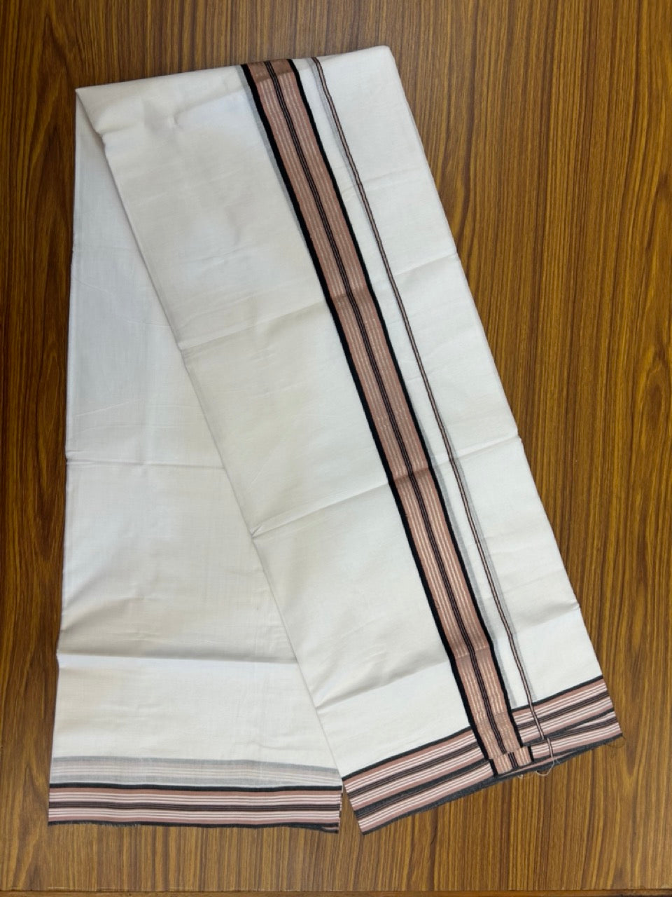 20% Discount ! KaithariKada Balaramapuram Double Pure White Mundu/Dhoti- 100x80 - 1.5 inch Silver Kasavu Black & Dusty Rose striped kara 3.90 Mtr (8 Muzham) - 37 KK5282 PMC