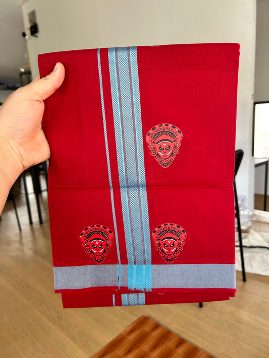 Single Kaily / Lungi- 20% Discount !! Kaitharikada - Pure Cotton - (40s) - 1.25 inch Light Blue Striped Theyyam Printed Design Kara with Maroon colour Body (2 meter / 4 muzham) - 2 KK8063 GAN