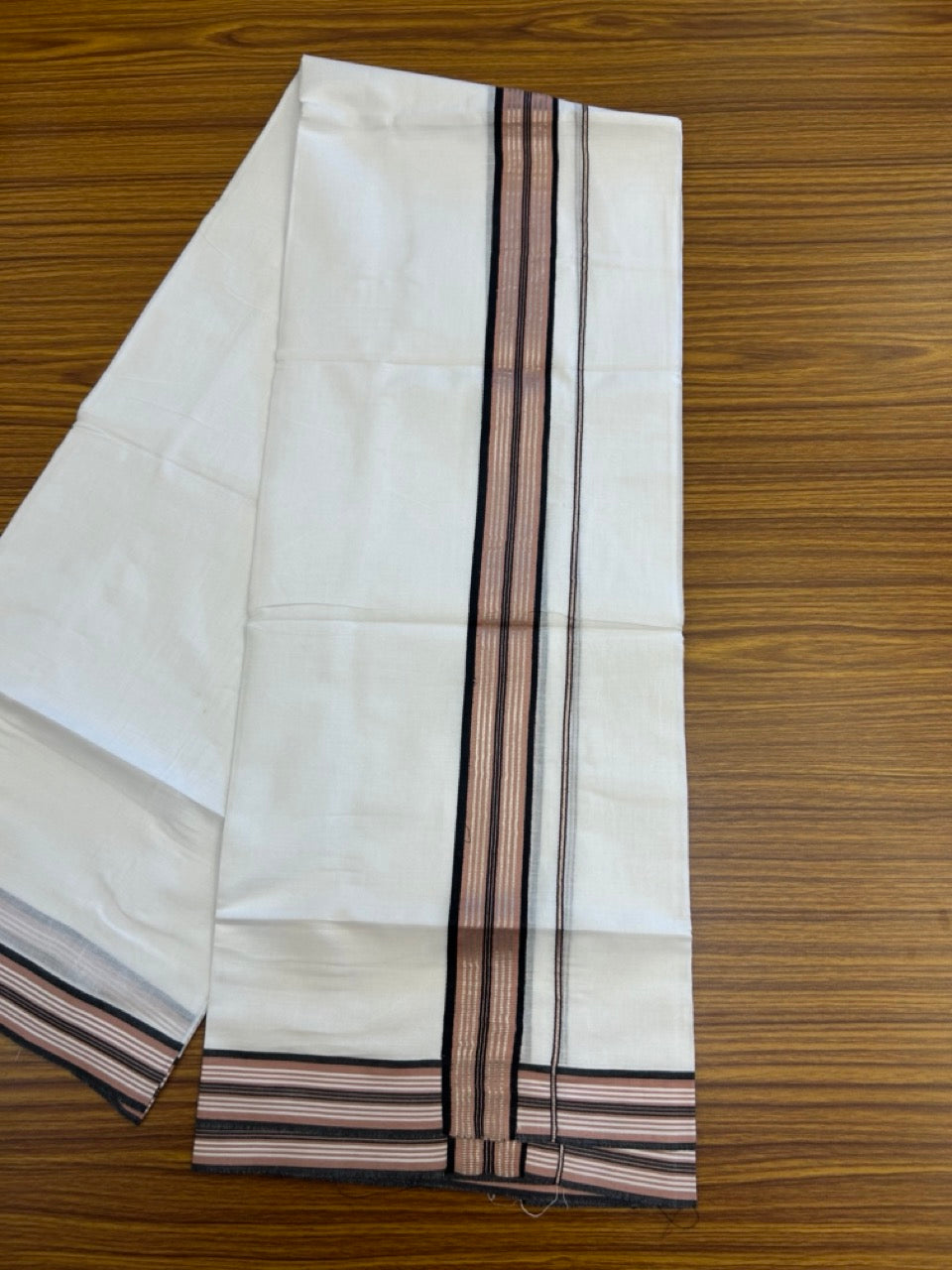 20% Discount ! KaithariKada Balaramapuram Double Pure White Mundu/Dhoti- 100x80 - 1.5 inch Silver Kasavu Black & Dusty Rose striped kara 3.90 Mtr (8 Muzham) - 37 KK5282 PMC