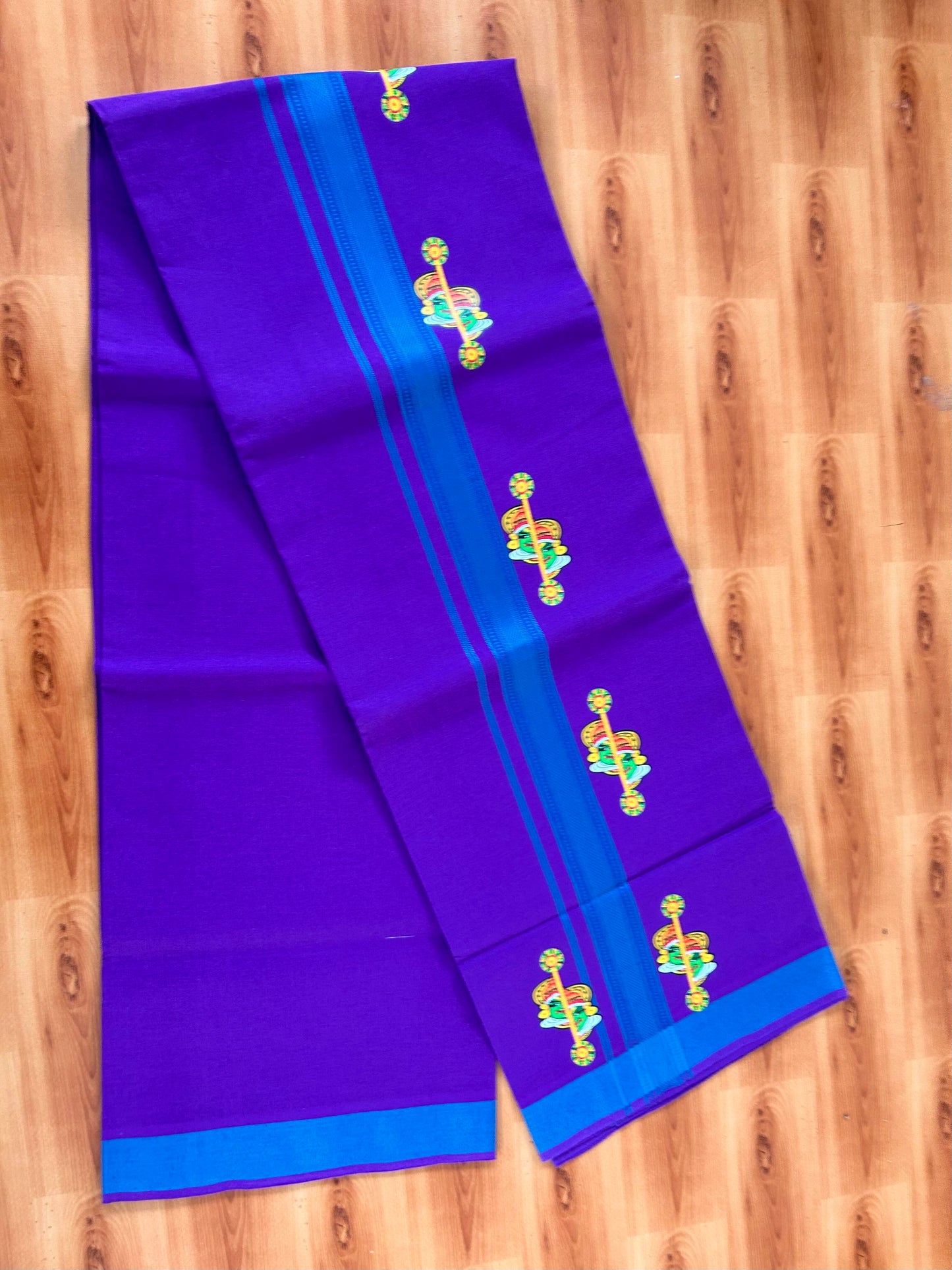 Single Kaily / Lungi- 20% Discount !! Kaitharikada - Pure Cotton - (40s) - 1.5 inch Peacock Blue Striped Kadhakali Printed Design Kara with Deep Violet colour Body (2 meter / 4 muzham) - 1 KK8063 GAN
