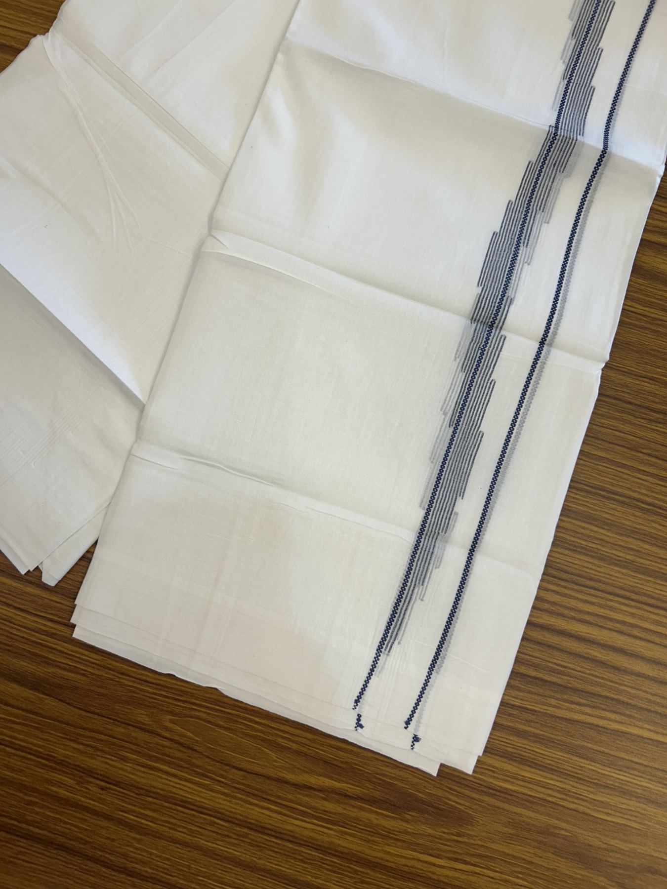 20% Discount ! Kaitharikada Balaramapuram 100% Cotton Pure White Double Mundu/Dothi - 100x80 - 0.75 inch Blue Stripes Design Kara 3.80 mtr (8 muzham) - 36 KK5319 THI